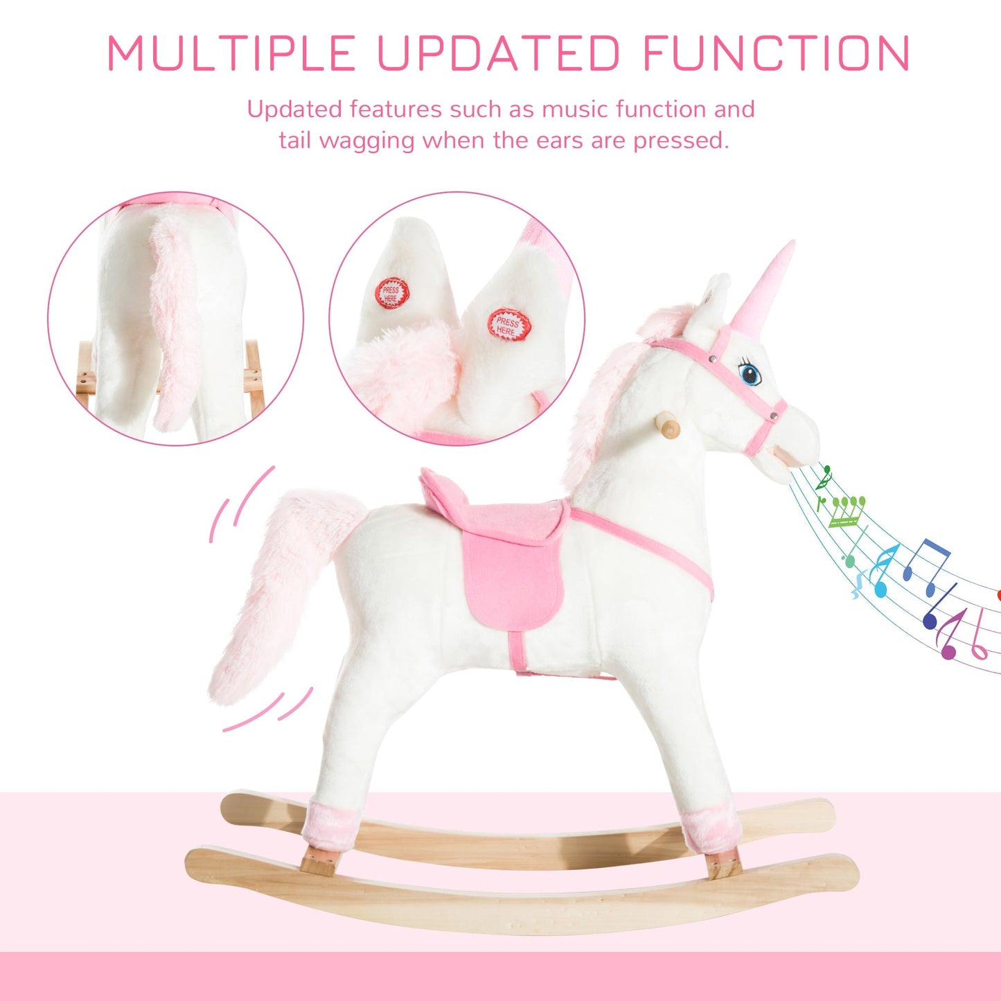 Kids Plush Toy Rocking Horse Unicorn with Realistic Sounds, White &; Pink Rocking Horses   at Gallery Canada