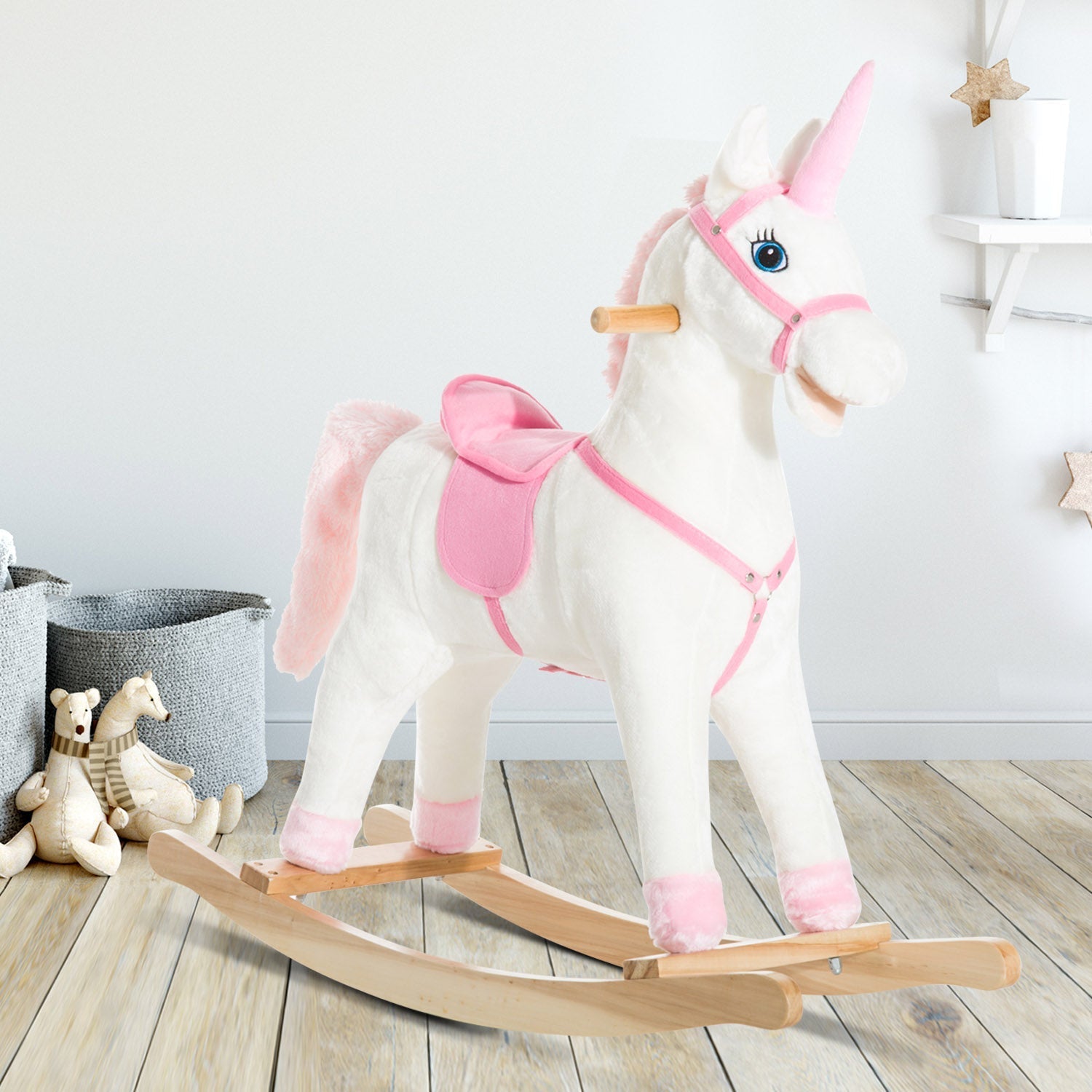 Kids Plush Toy Rocking Horse Unicorn with Realistic Sounds, White &; Pink Rocking Horses   at Gallery Canada