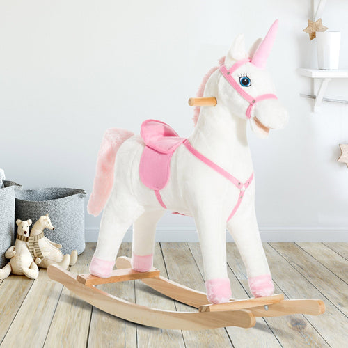 Kids Plush Toy Rocking Horse Unicorn with Realistic Sounds, White &; Pink