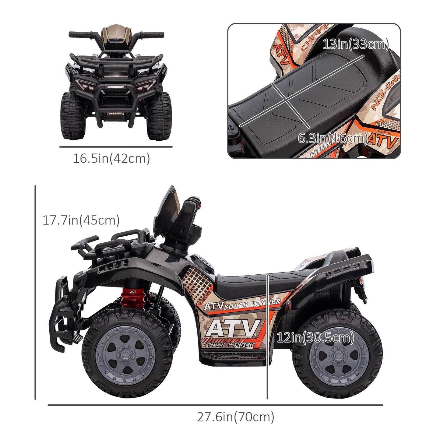 Kids Ride-on ATV Quad Bike Four Wheeler Car with Music, 6V Battery Powered Motorcycle for 18-36 Months, Black Electric Toy Cars   at Gallery Canada