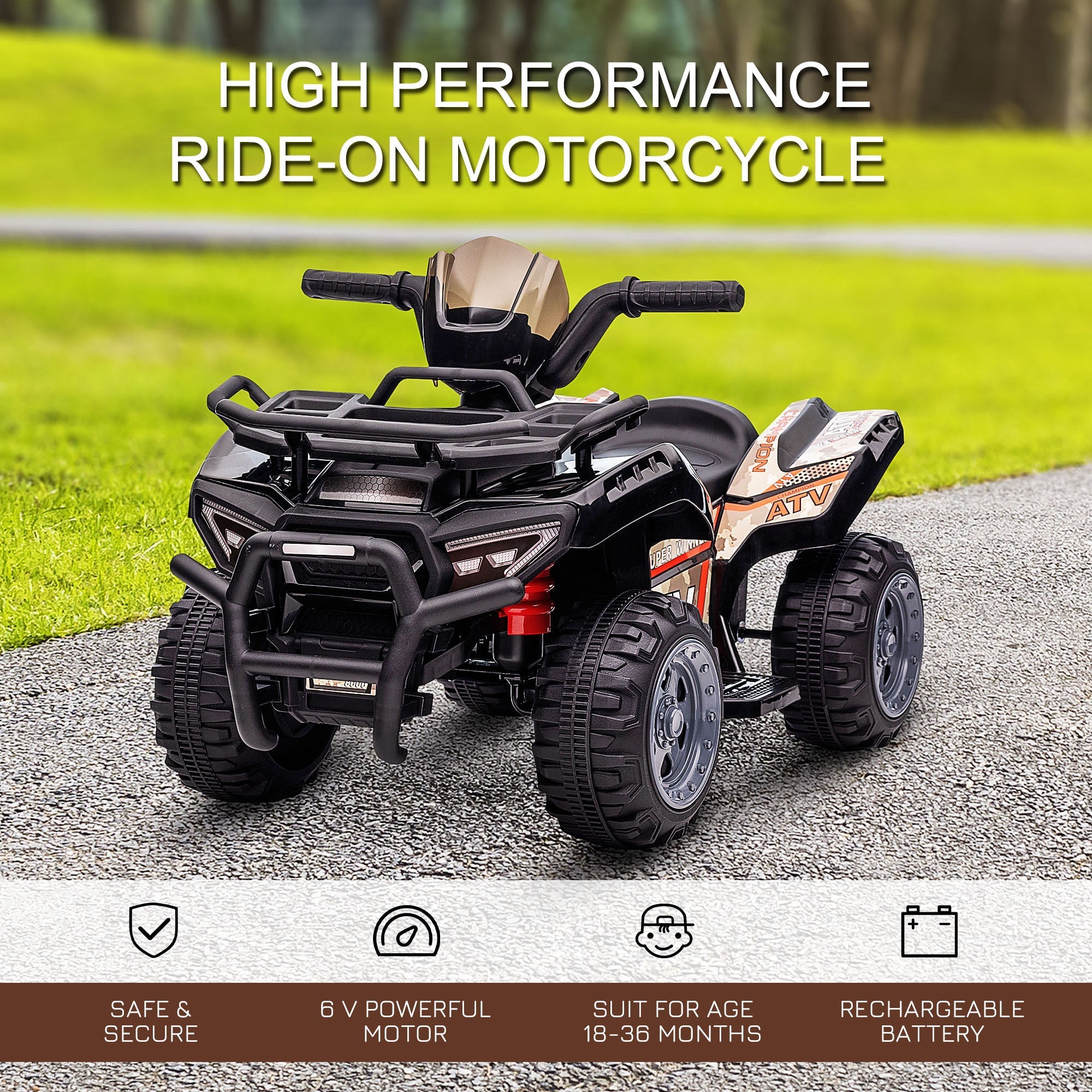 Kids Ride-on ATV Quad Bike Four Wheeler Car with Music, 6V Battery Powered Motorcycle for 18-36 Months, Black Electric Toy Cars   at Gallery Canada