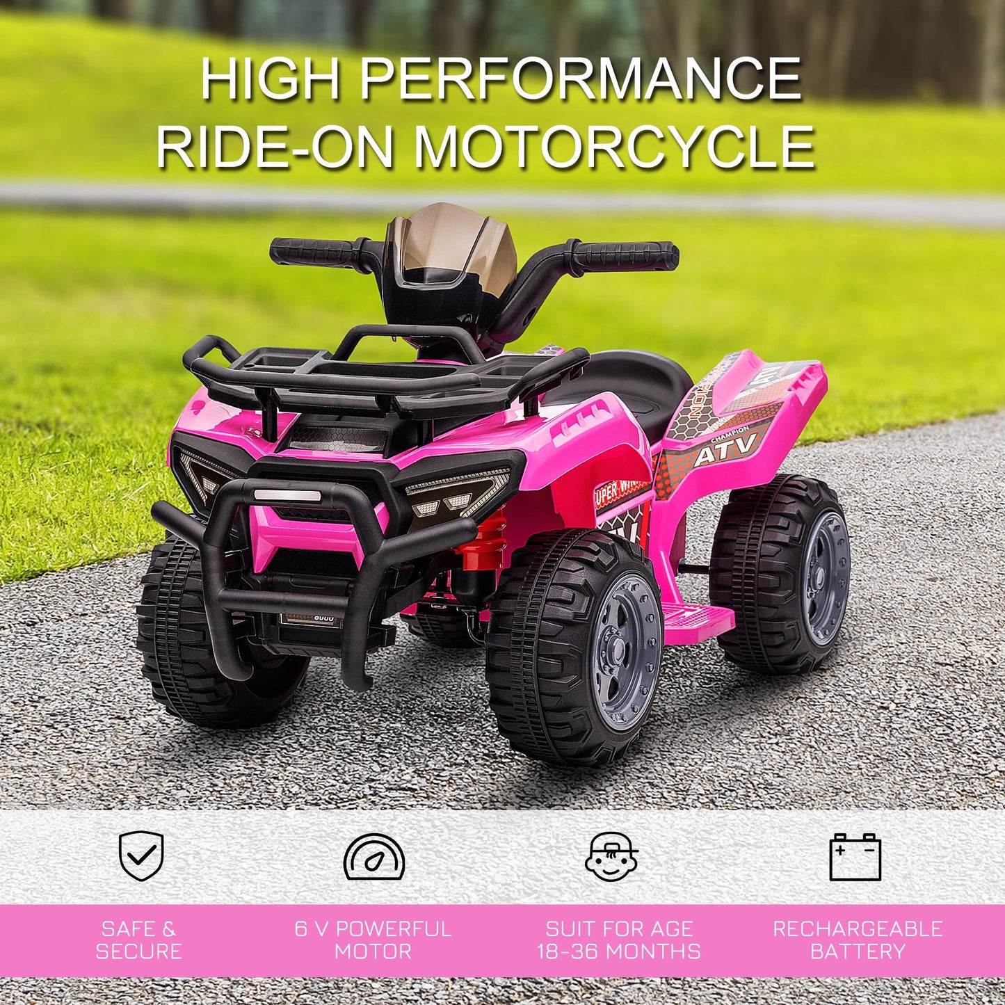 Kids Ride-on ATV Quad Bike Four Wheeler Car with Music, 6V Battery Powered Motorcycle for 18-36 Months, Pink Electric Toy Cars   at Gallery Canada