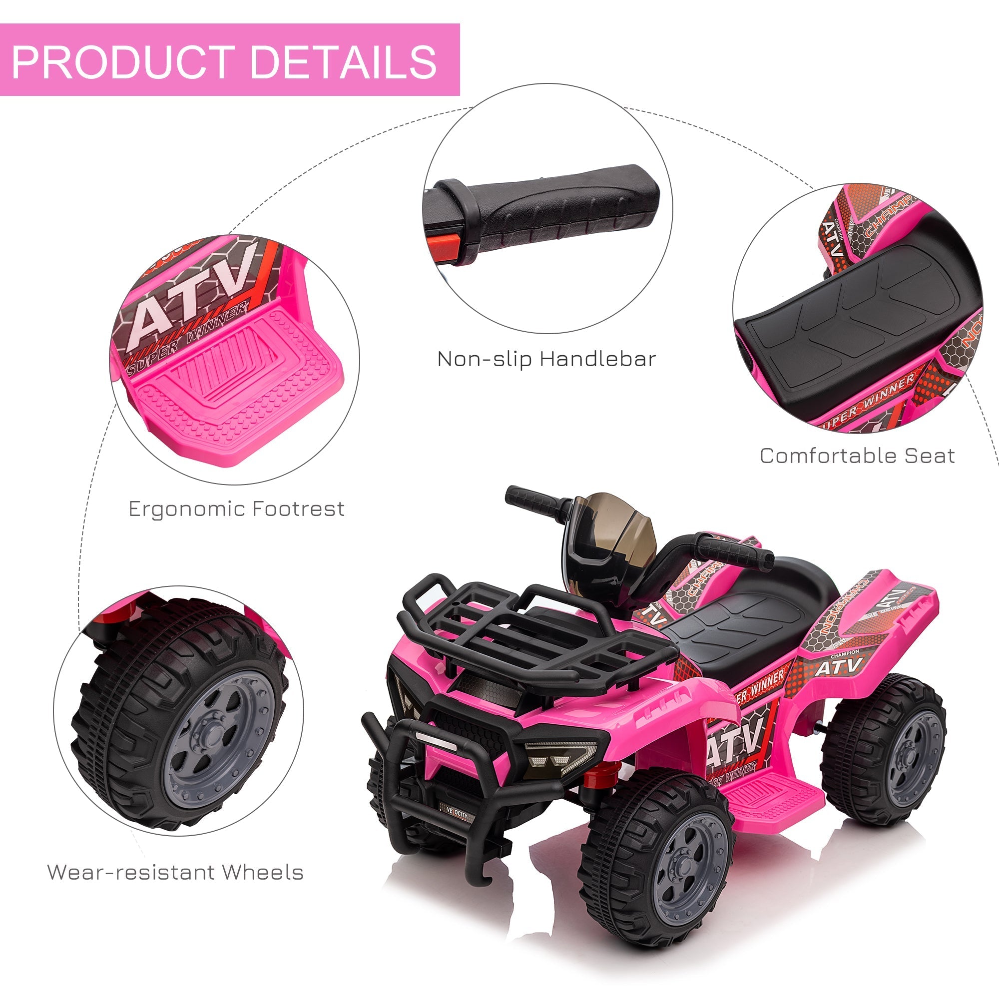 Kids Ride-on ATV Quad Bike Four Wheeler Car with Music, 6V Battery Powered Motorcycle for 18-36 Months, Pink Electric Toy Cars   at Gallery Canada