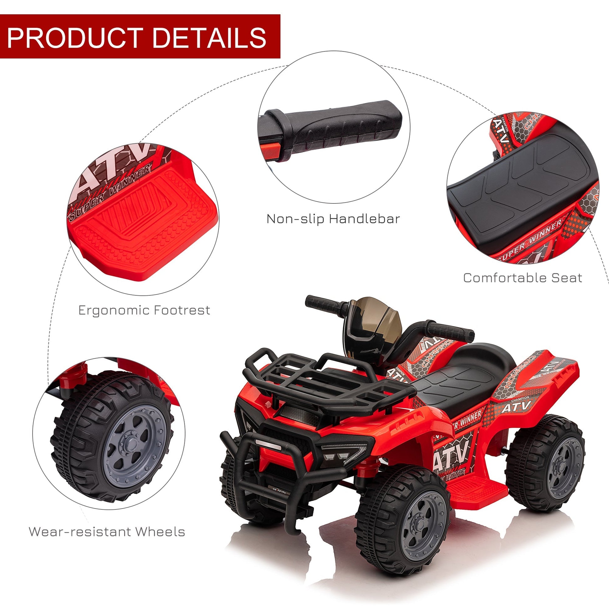 Kids Ride-on ATV Quad Bike Four Wheeler Car with Music, 6V Battery Powered Motorcycle for 18-36 Months, Red Electric Toy Cars   at Gallery Canada