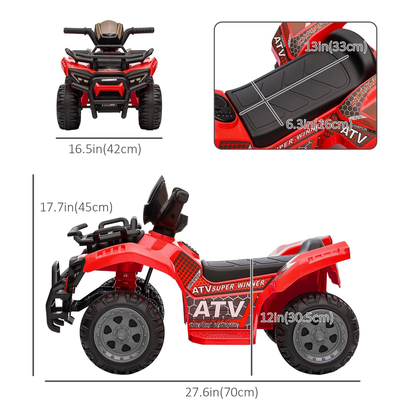 Kids Ride-on ATV Quad Bike Four Wheeler Car with Music, 6V Battery Powered Motorcycle for 18-36 Months, Red Electric Toy Cars   at Gallery Canada