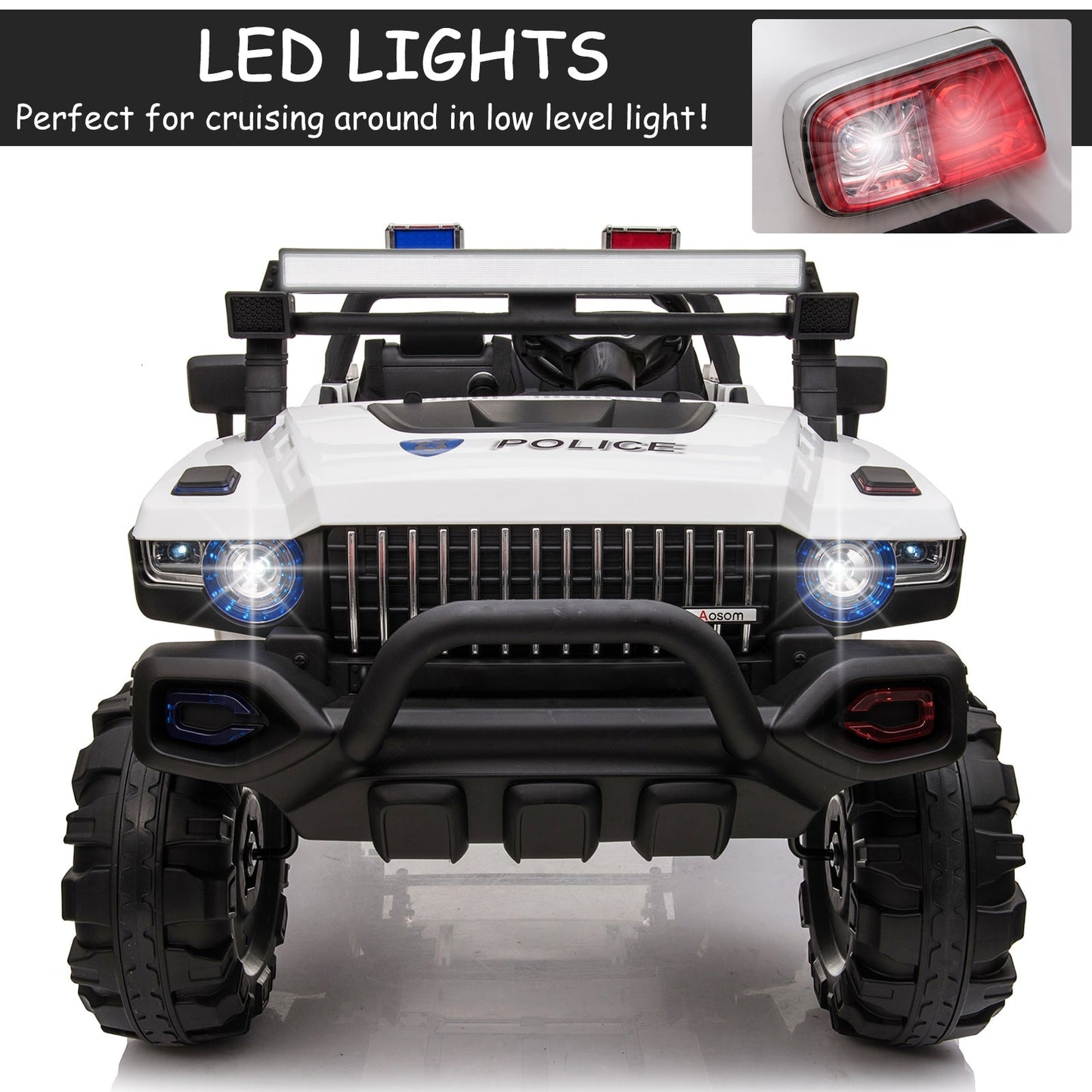 Kids Ride-On Car 12V RC 2-Seater Police Truck Electric Car For Kids with Full LED Lights, MP3, Parental Remote Control (White) Electric Toy Cars   at Gallery Canada