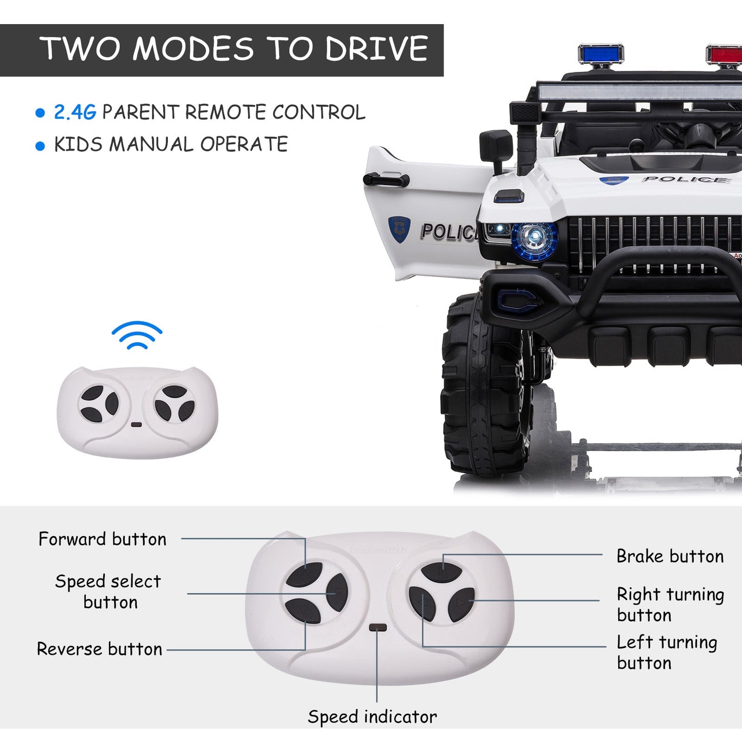 Kids Ride-On Car 12V RC 2-Seater Police Truck Electric Car For Kids with Full LED Lights, MP3, Parental Remote Control (White) Electric Toy Cars   at Gallery Canada