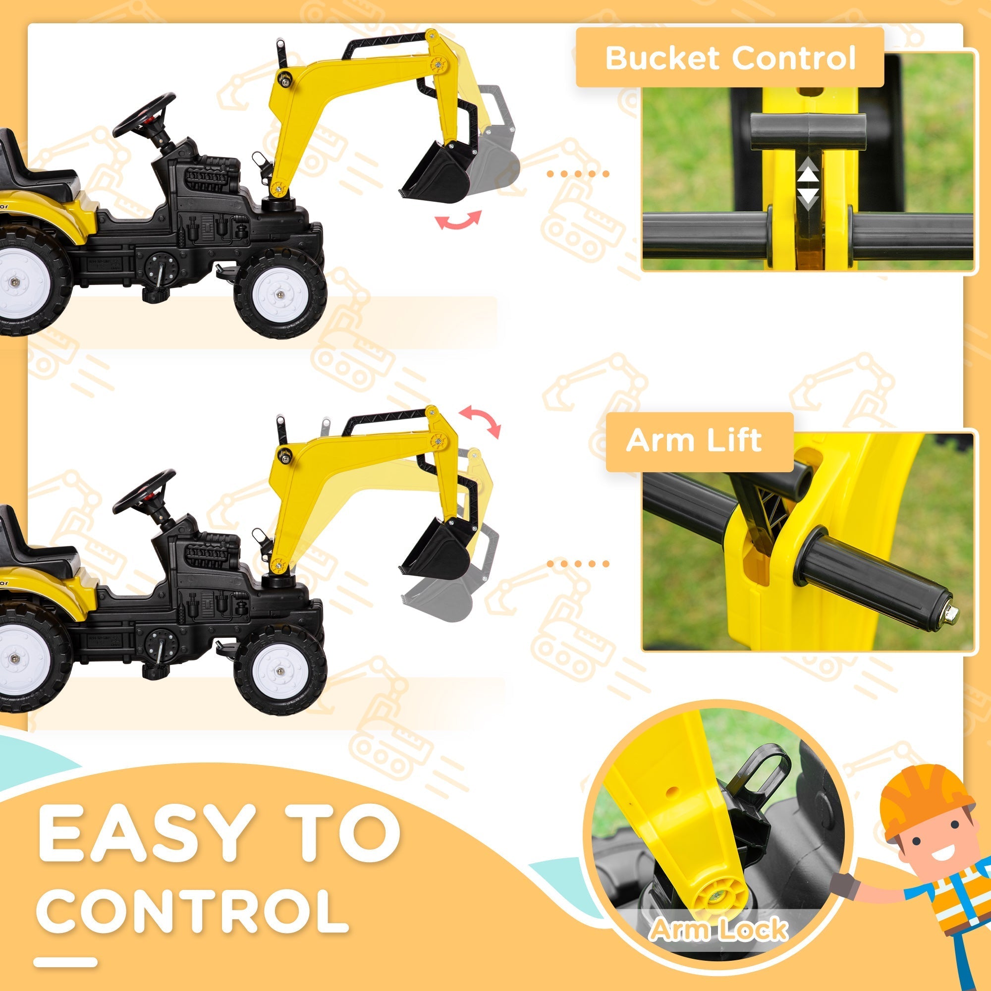 Kids Ride on Excavator Toy, Pedal Tractor Ride on Toys, Larger Size Pretend Play Ride on Excavator for Kids &; Toddlers 3-6 Years Old, Yellow Toy Excavators   at Gallery Canada