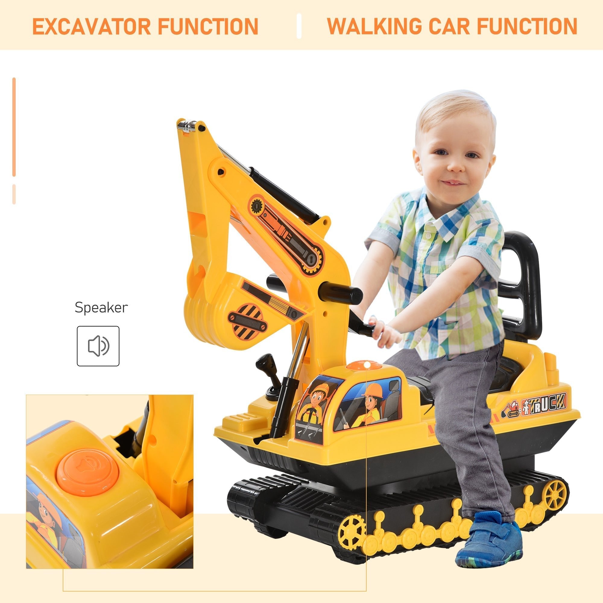 Kids Ride-on Excavator with Digger, Pretend Play Construction Truck with Under Seat Storage, Realistic Sound, Treaded Wheels, No Power Design Toy Excavators   at Gallery Canada