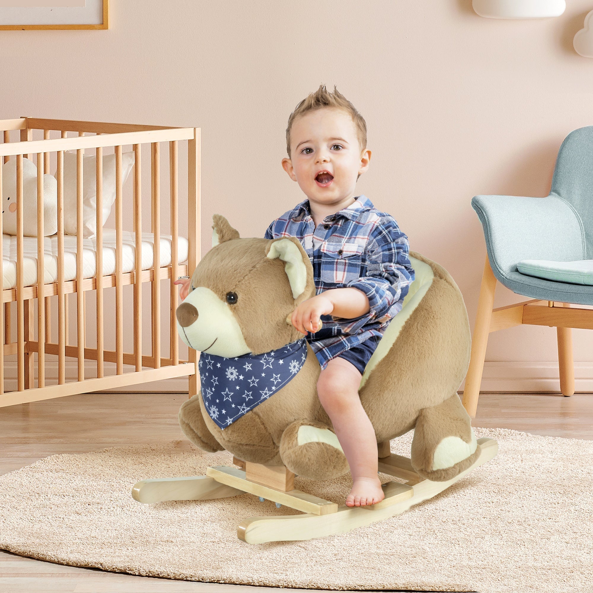 Kids Ride-On Rocking Horse Toy Bear Style Rocker with Fun Music &; Soft Plush Fabric for Children 18-36 Months Rocking Horses   at Gallery Canada