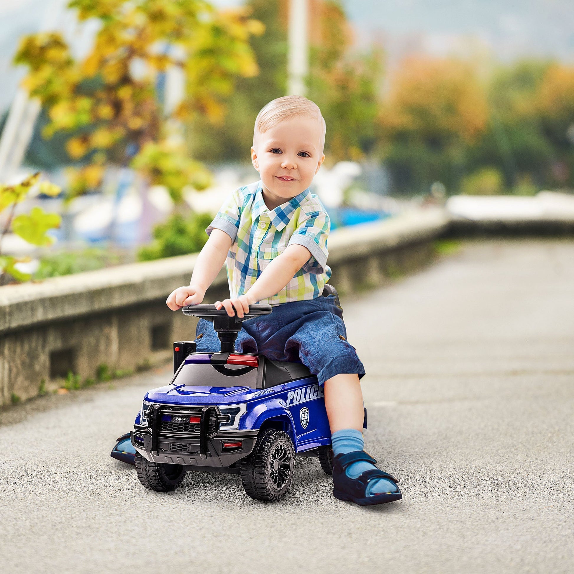 Kids Ride On Sliding Car with Hidden Under Seat Storage, Ride On Police Car for Toddler with Megaphone, Anti Dumping Device, Removable Backrest, Foot-to-Floor Design, Aged 18-60 Months, Blue - Gallery Canada