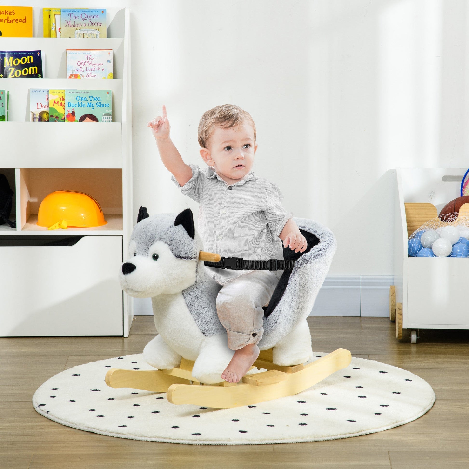 Kids Rocking Horse, Baby Rocker Chair Husky-Shaped Plush Ride on Toy with Realistic Sounds, Wooden Base, Seat Belt, for Children 18-36 Months, Grey Rocking Horses   at Gallery Canada