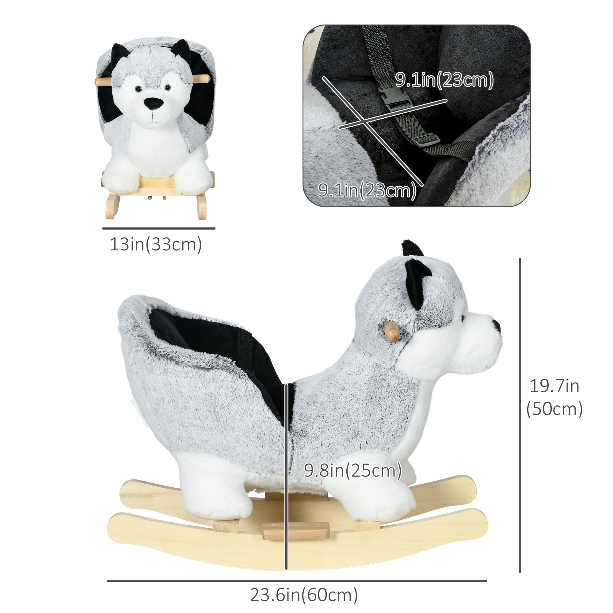 Kids Rocking Horse, Baby Rocker Chair Husky-Shaped Plush Ride on Toy with Realistic Sounds, Wooden Base, Seat Belt, for Children 18-36 Months, Grey Rocking Horses   at Gallery Canada