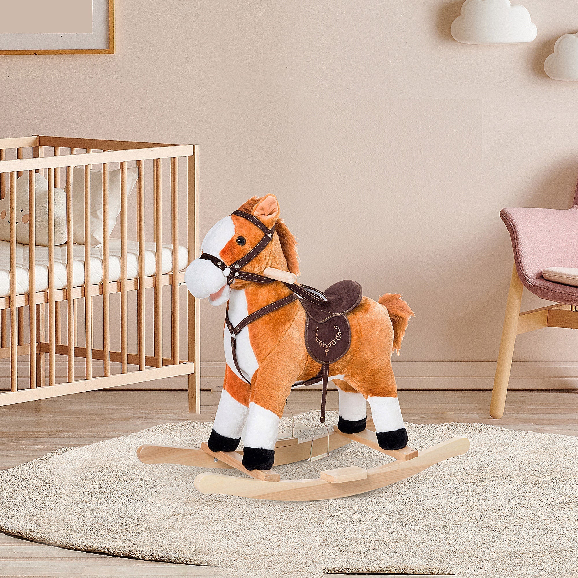 Kids Rocking Horse Child Plush Ride on Toy with Realistic Sound Red Brown Rocking Horses   at Gallery Canada