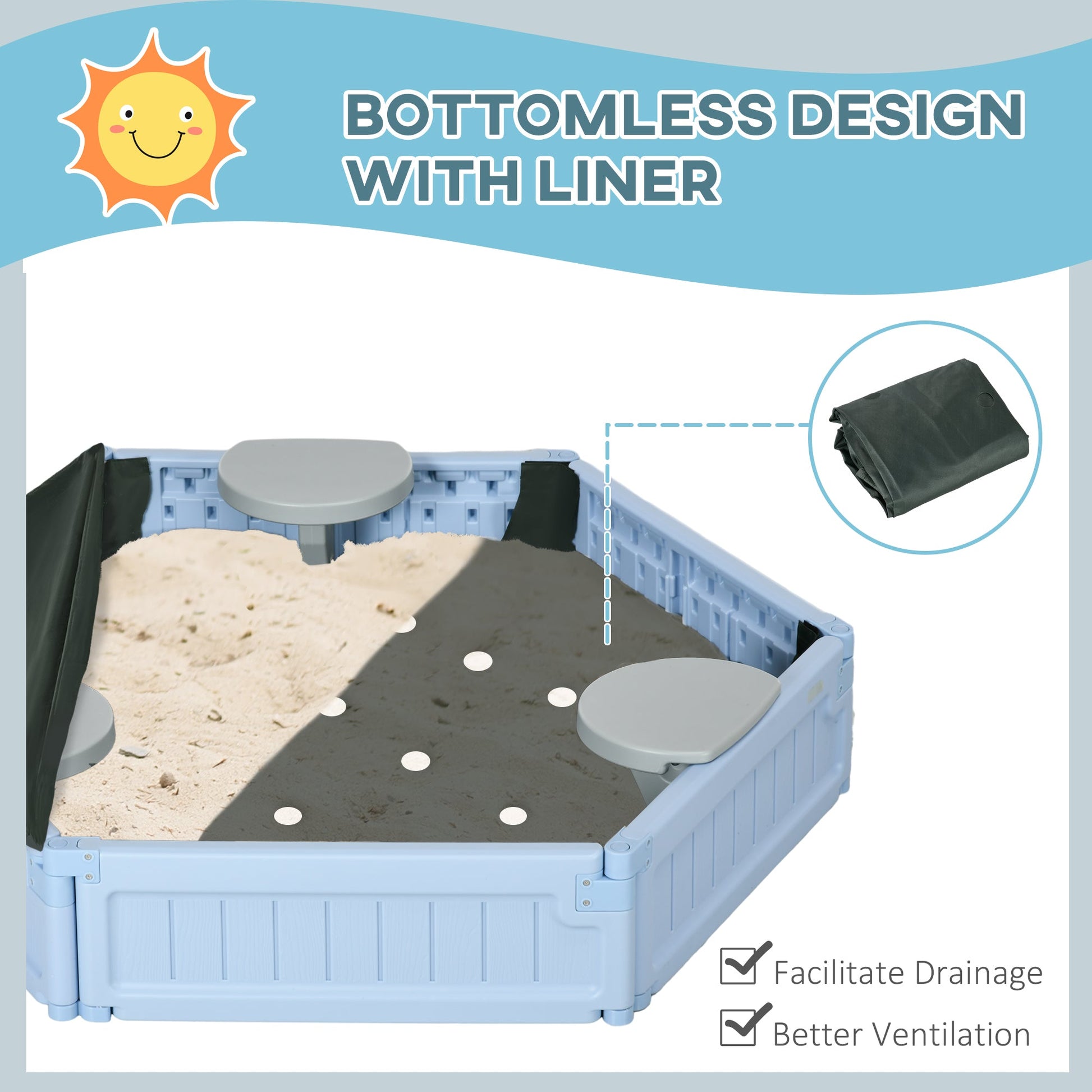 Kids Sandbox with Cover, 3 Seats, Bottom Liner, for 3-12 Years Old, Light Blue Sandboxes & Accessories   at Gallery Canada