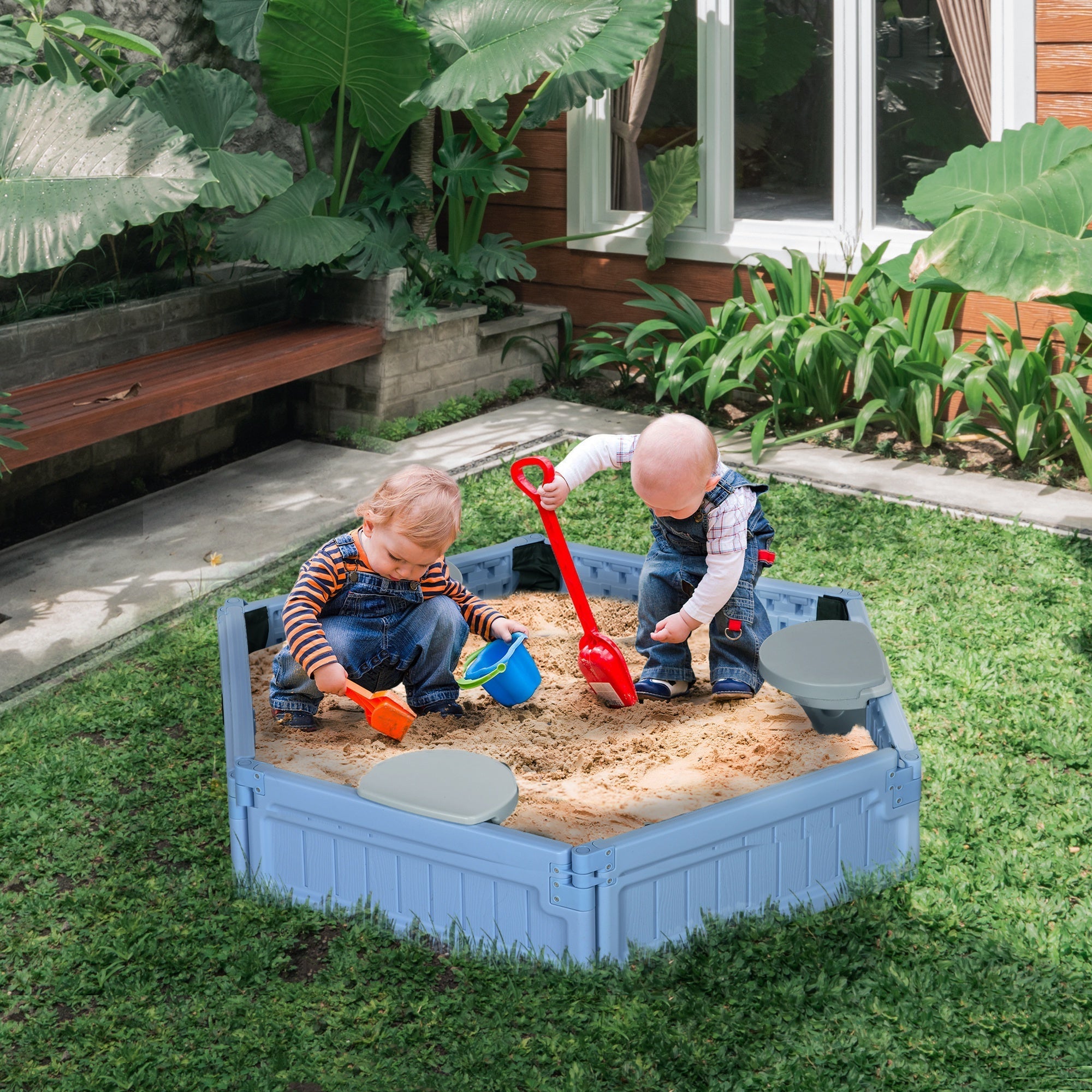 Kids Sandbox with Cover, 3 Seats, Bottom Liner, for 3-12 Years Old, Light Blue Sandboxes & Accessories   at Gallery Canada