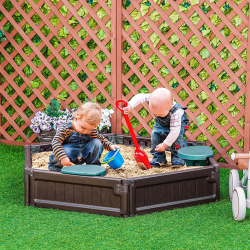 Kids Sandbox with Cover Children Sandpit DIY Design Play Station Outdoor Backyard Includes 3 Seats, Bottom Liner, for 3-12 Years Old, Brown