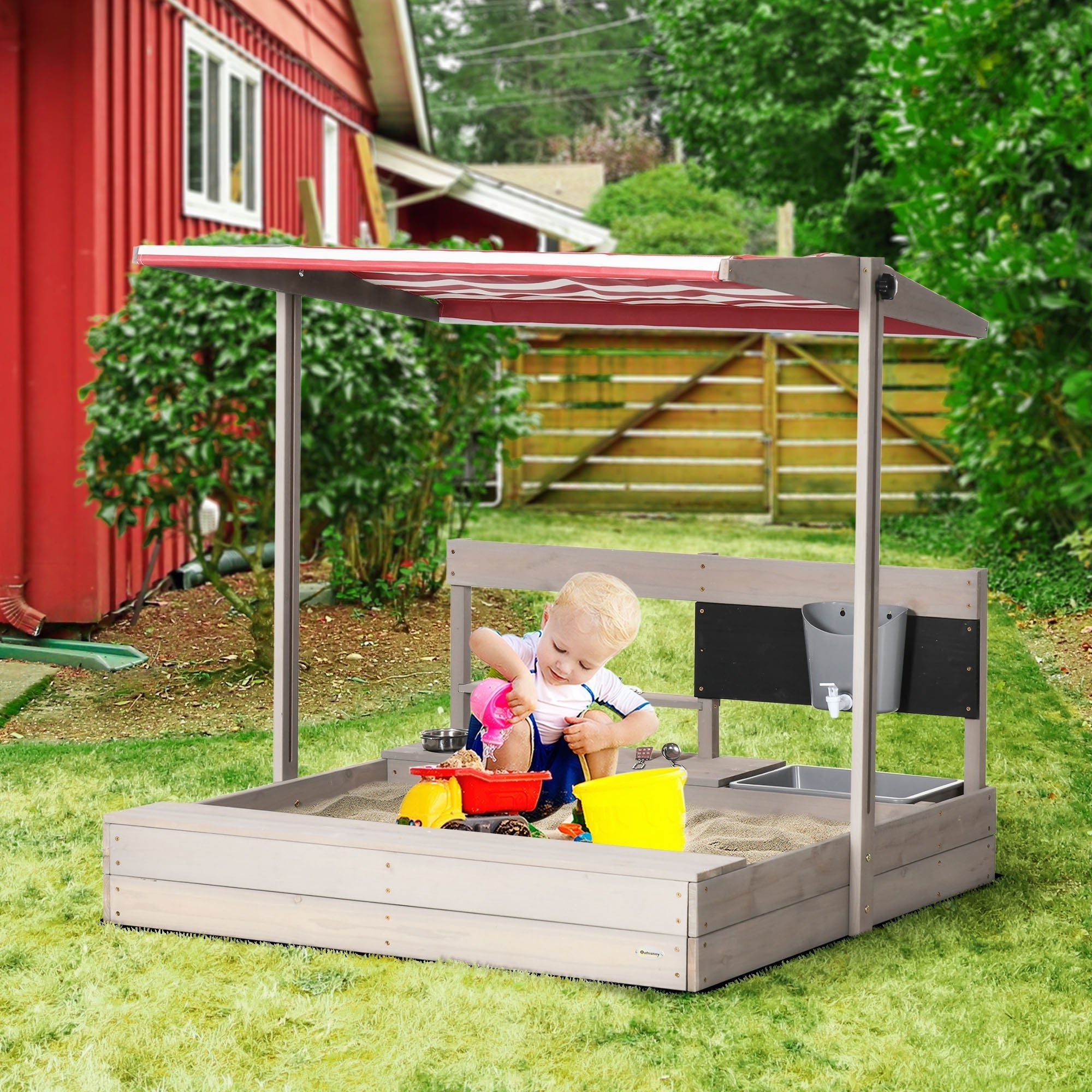 Kids Sandbox with Cover, Wooden Sand Box with Adjustable Canopy, Kitchen Toys, Seat, Storage, Outdoor for 3-7 Years Old, 45x43 inch Sandboxes & Accessories   at Gallery Canada