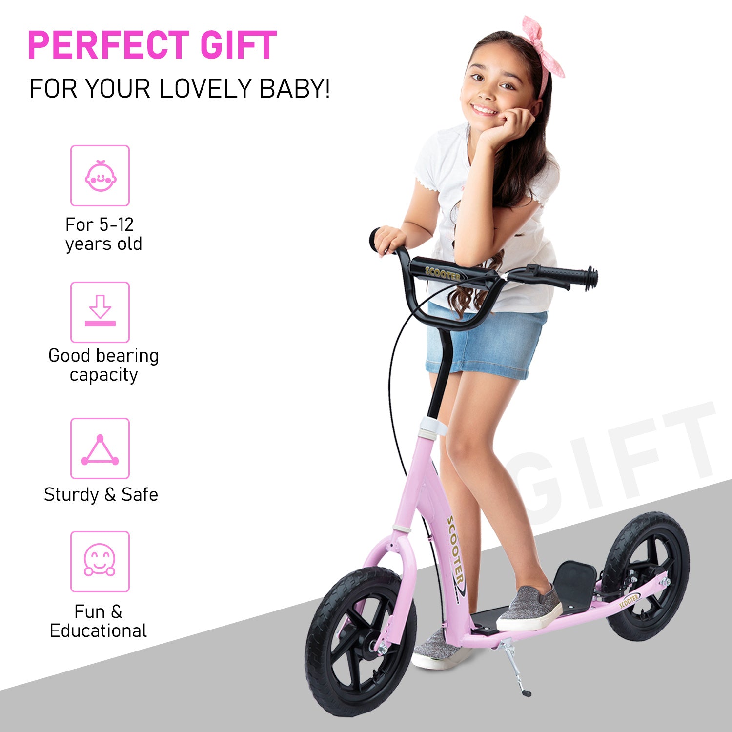 Kids Scooter Street Bike Bicycle for Teens Ride on Toy w/ 12'' Tire for 5-12 Year Old Pink Scooters   at Gallery Canada