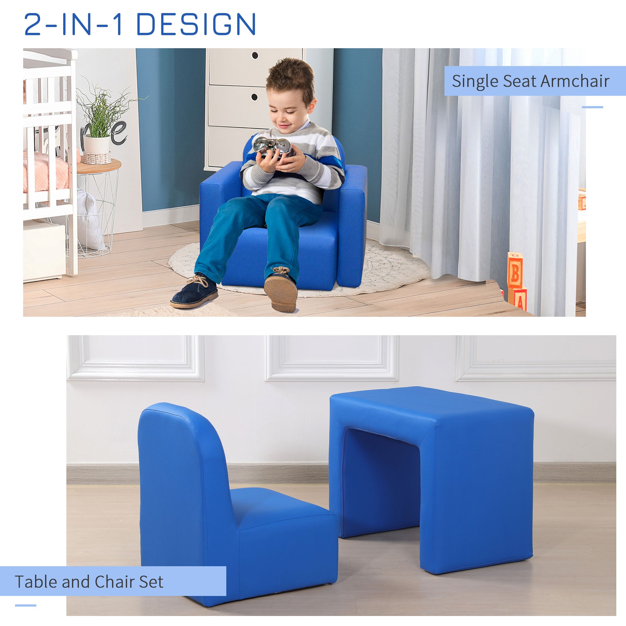 Kids Sofa, 2-in-1 Multi-Functional Toddler Table and Chair, Children Armchair Sturdy Couch for 3-9 Years Old, Blue Kids Chairs & Seating   at Gallery Canada