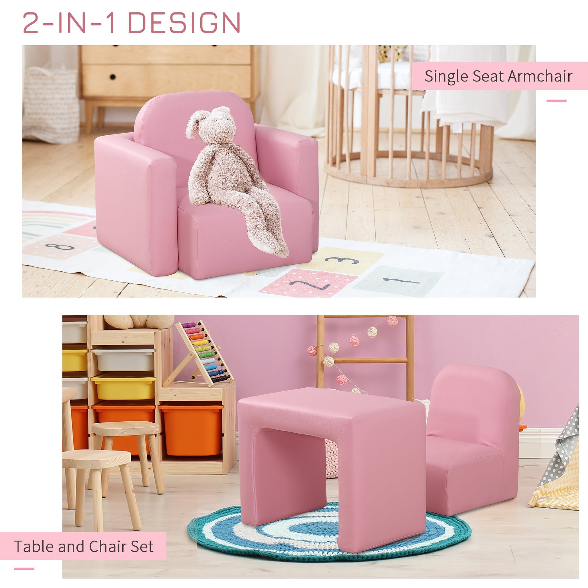 Kids Sofa, 2-in-1 Multi-Functional Toddler Table and Chair, Children Armchair Sturdy Couch for 3-9 Years Old, Pink Kids Chairs & Seating   at Gallery Canada