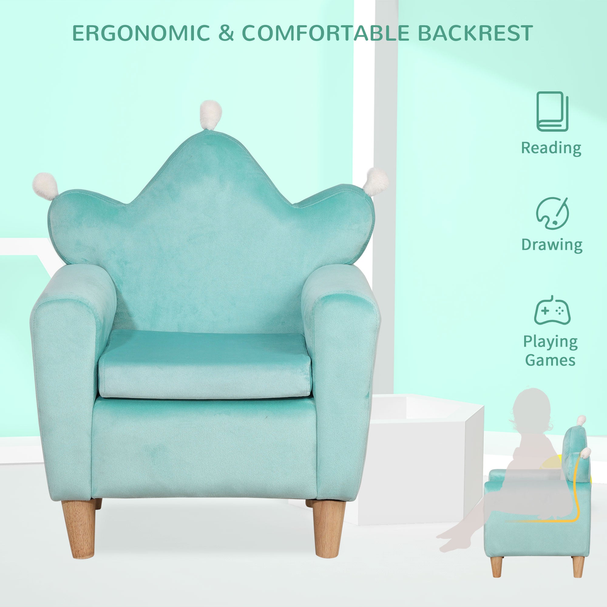 Kids Sofa, Armrest Chair for Preschool, Toddler Couch for Kids Room, Kindergarten, Dutch Velvet, Eucalyptus Wood, Light Blue Kids Chairs & Seating   at Gallery Canada