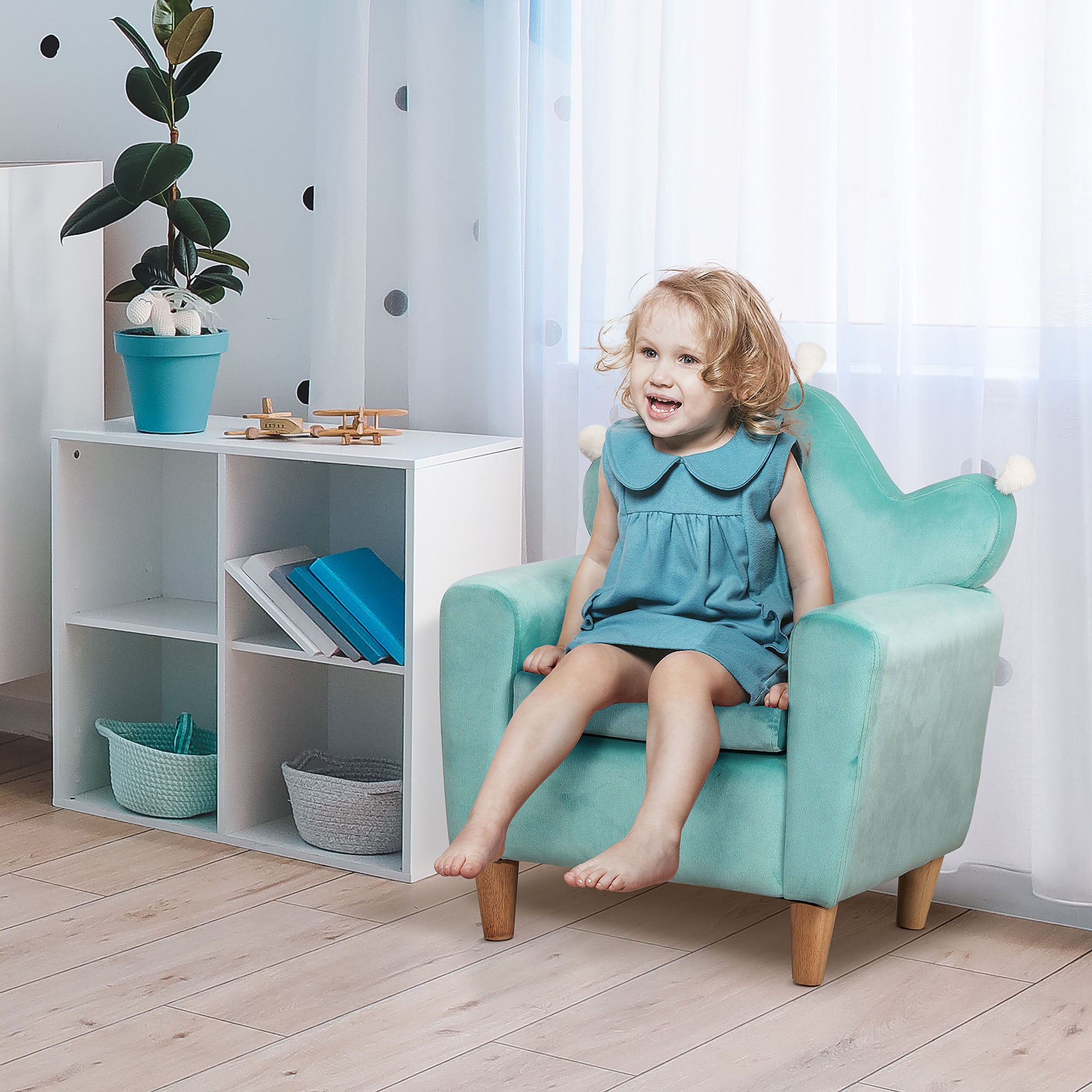 Kids Sofa, Armrest Chair for Preschool, Toddler Couch for Kids Room, Kindergarten, Dutch Velvet, Eucalyptus Wood, Light Blue Kids Chairs & Seating   at Gallery Canada