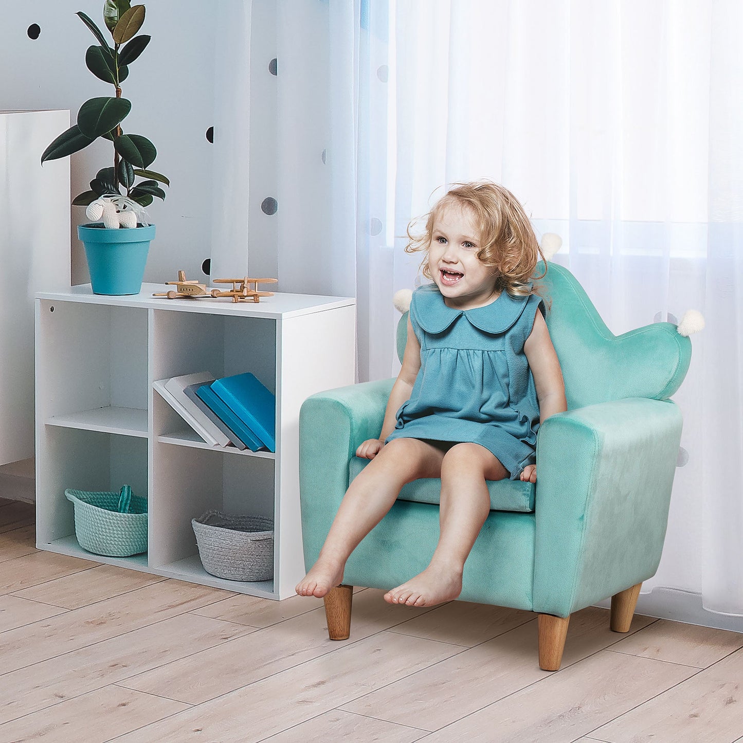 Kids Sofa, Armrest Chair for Preschool, Toddler Couch for Kids Room, Kindergarten, Dutch Velvet, Eucalyptus Wood, Light Blue Kids Chairs & Seating   at Gallery Canada