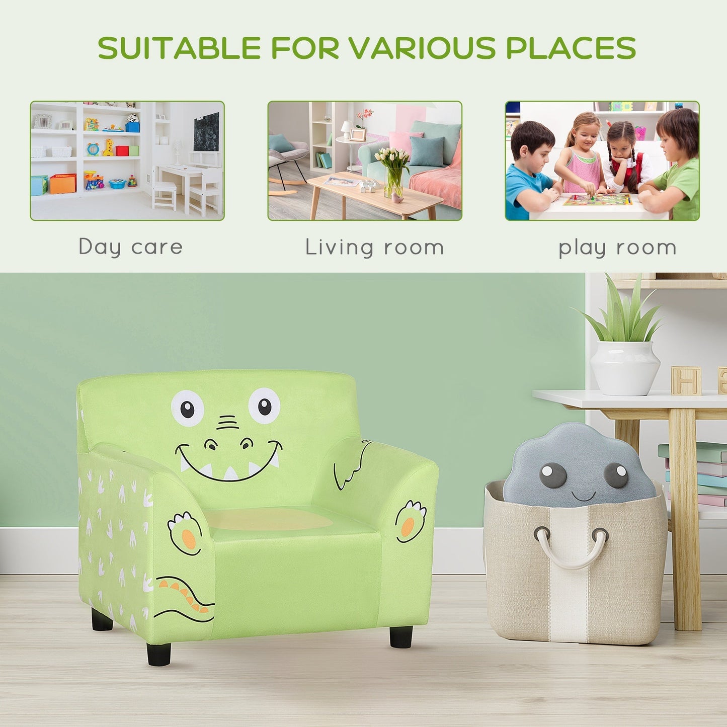 Kids Sofa, Armrest Chair for Preschool, Toddler Couch for Kids Room, Kindergarten with Cute Animal Print, Super-soft Velvet, Eucalyptus Wood, Green Kids Chairs & Seating   at Gallery Canada