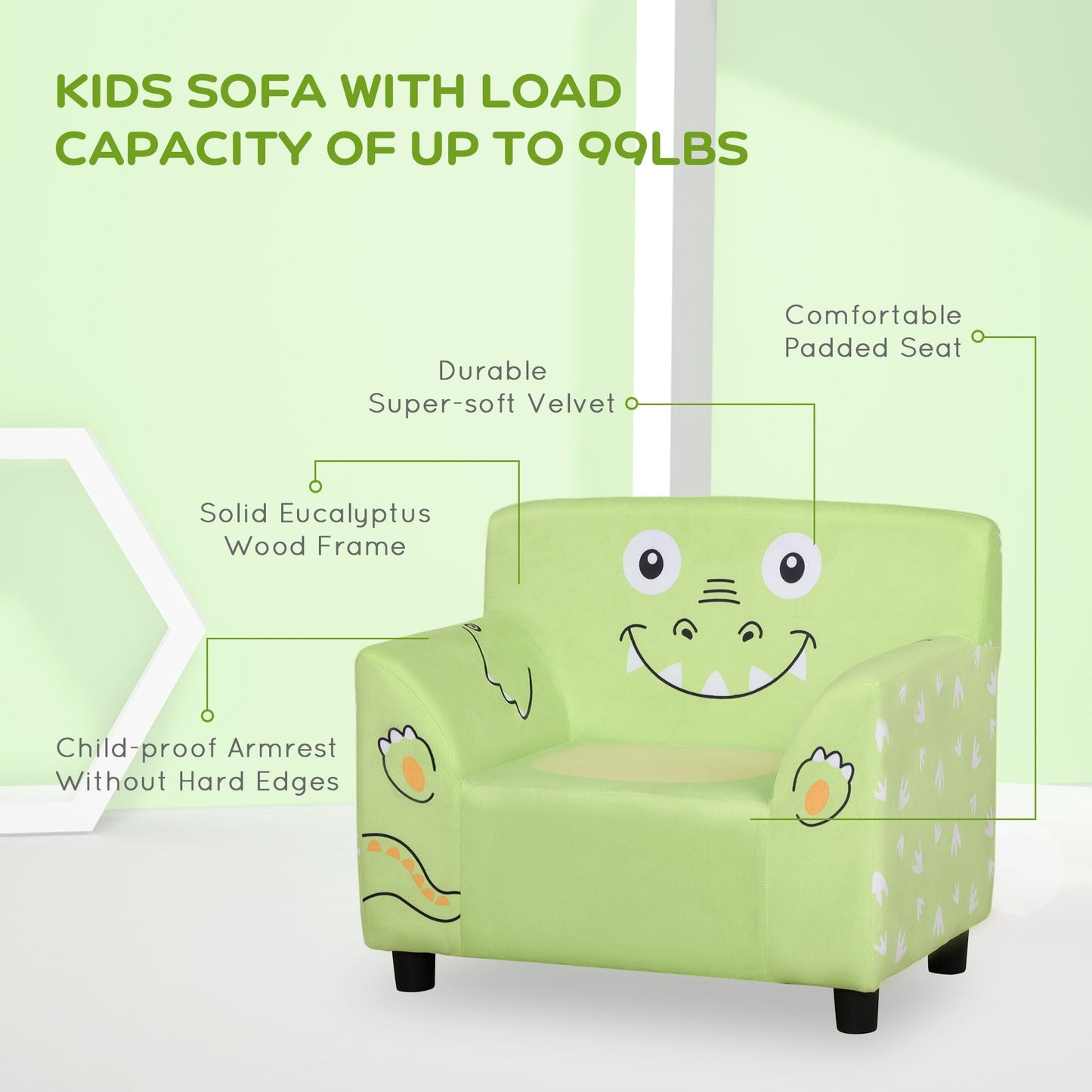 Kids Sofa, Armrest Chair for Preschool, Toddler Couch for Kids Room, Kindergarten with Cute Animal Print, Super-soft Velvet, Eucalyptus Wood, Green Kids Chairs & Seating   at Gallery Canada