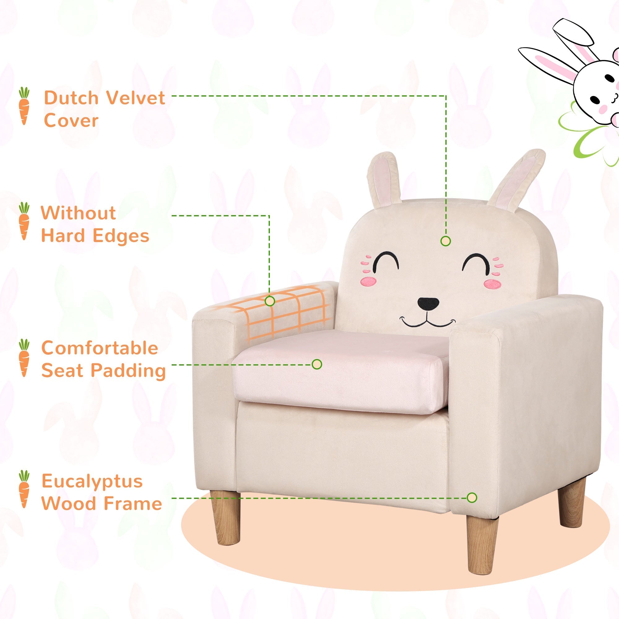 Kids Sofa, Toddler Armchair and Couch with Rabbit Ear Backrest and Wooden Legs for Preschool, Bedroom, Kindergarten, Cream Kids Chairs & Seating   at Gallery Canada