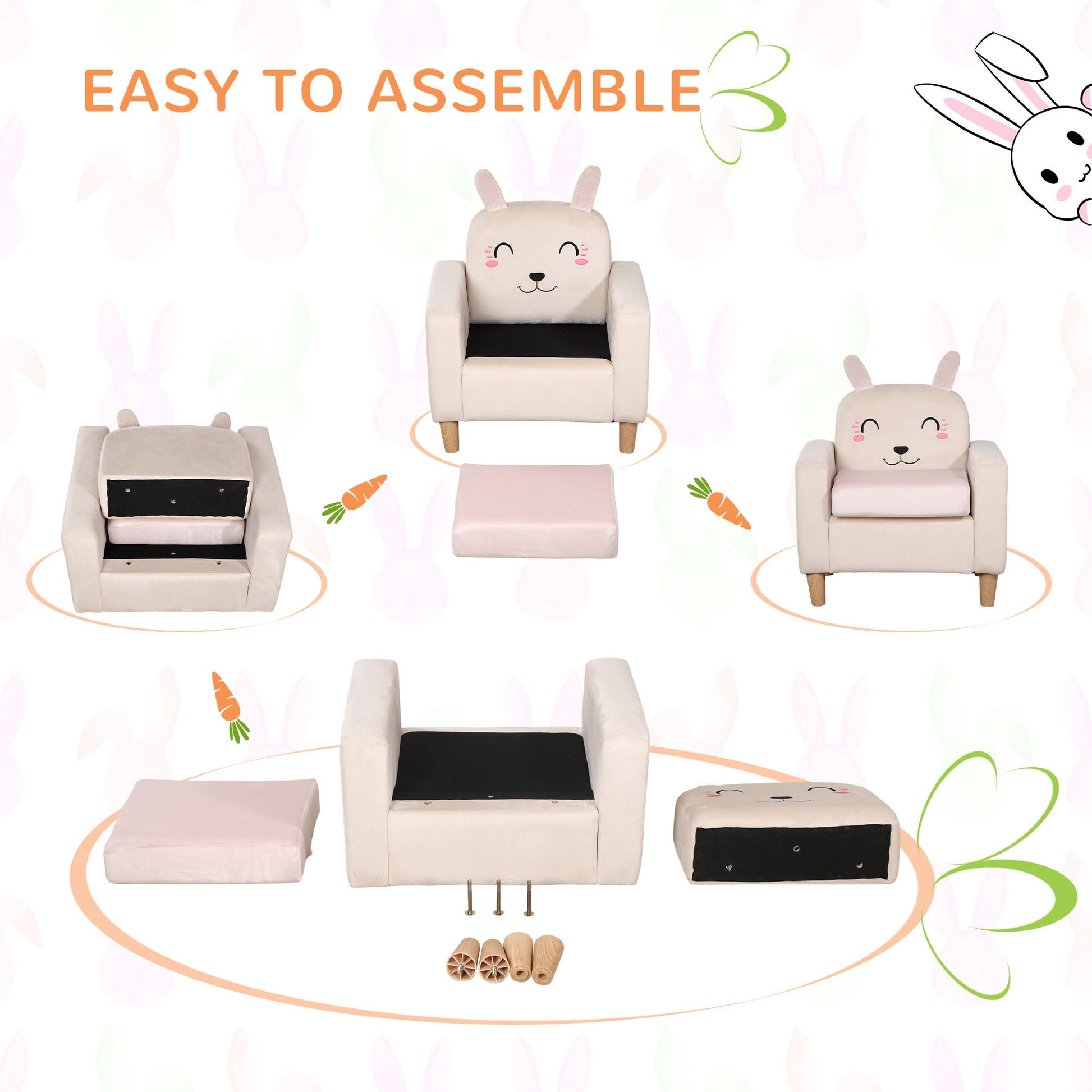 Kids Sofa, Toddler Armchair and Couch with Rabbit Ear Backrest and Wooden Legs for Preschool, Bedroom, Kindergarten, Cream Kids Chairs & Seating   at Gallery Canada