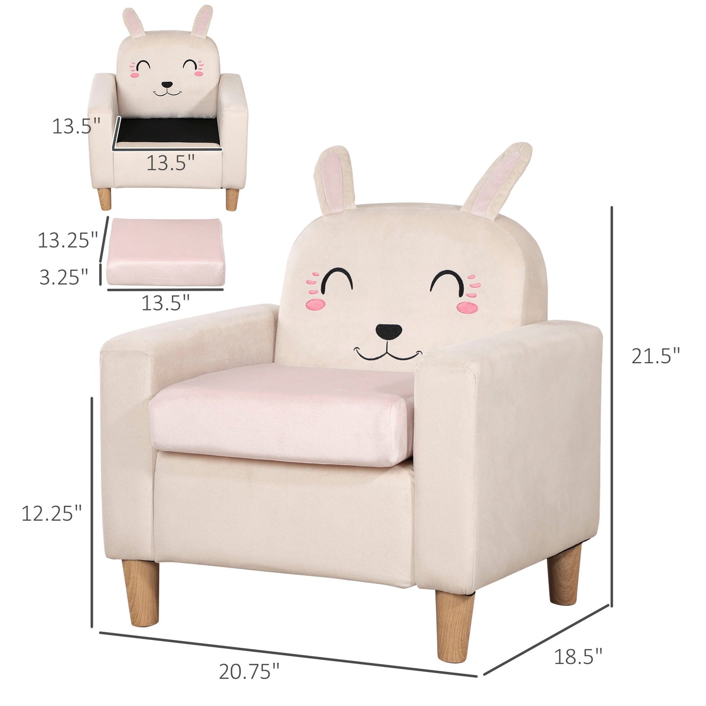 Kids Sofa, Toddler Armchair and Couch with Rabbit Ear Backrest and Wooden Legs for Preschool, Bedroom, Kindergarten, Cream Kids Chairs & Seating   at Gallery Canada