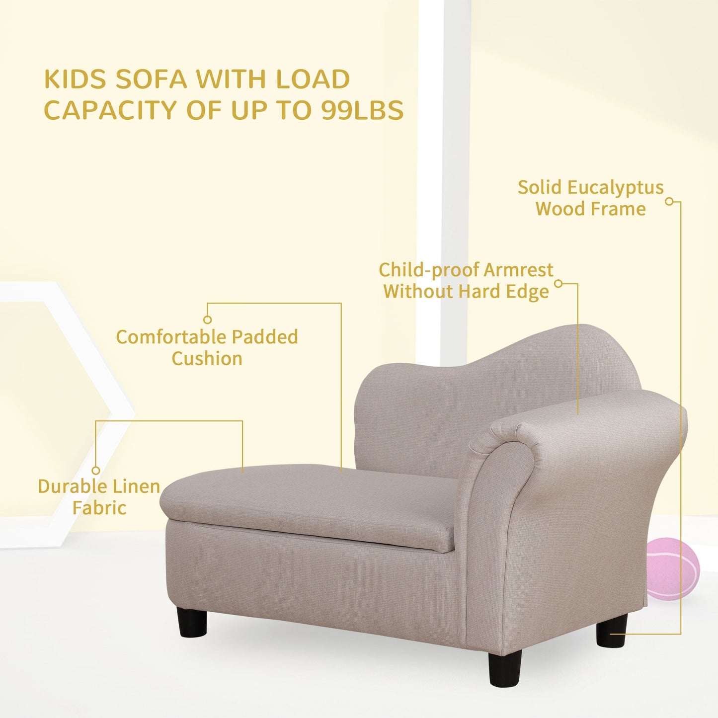 Toddler Sofa with Storage, Eucalyptus Wood Chaise Lounge for Kids Room, Beige Kids Chairs & Seating   at Gallery Canada