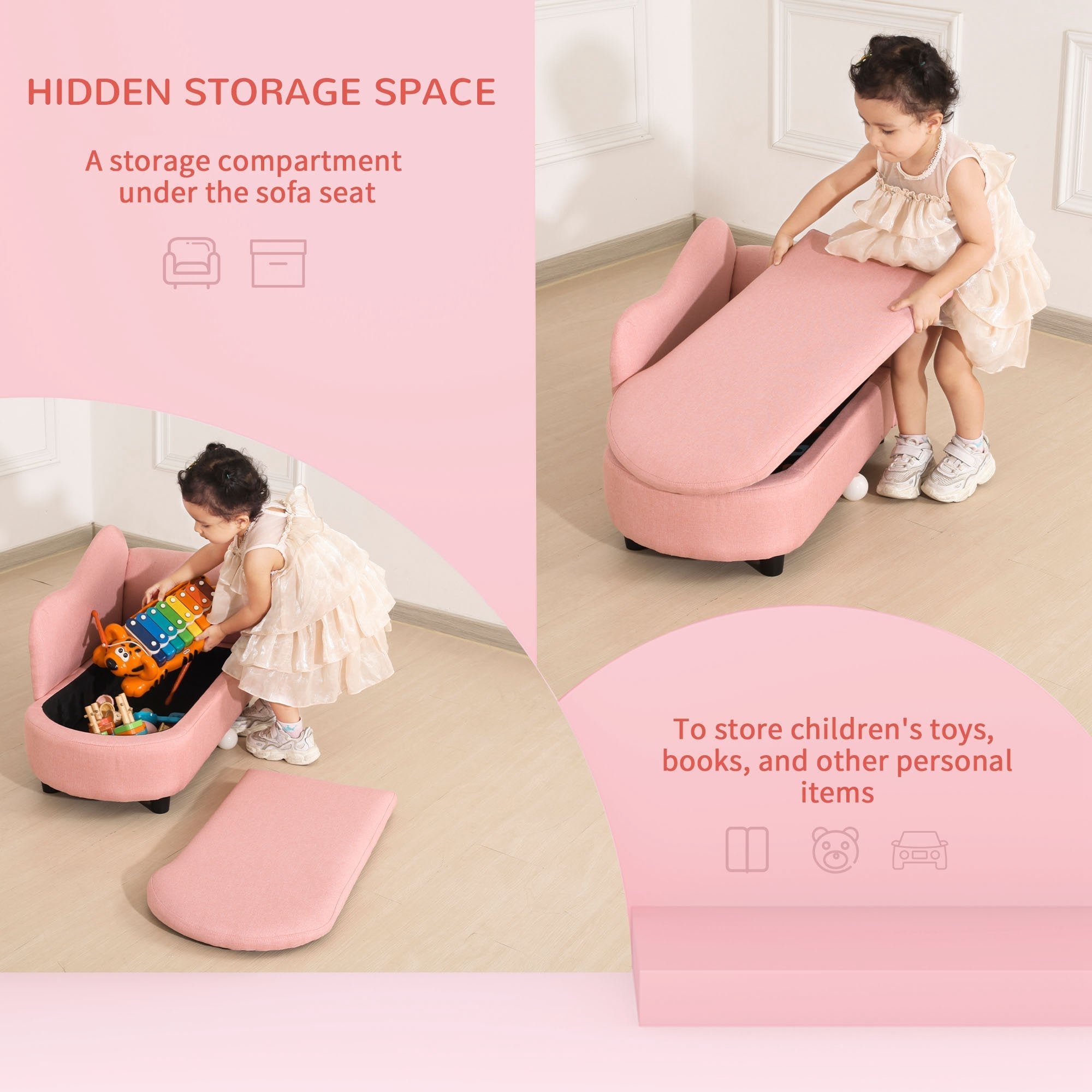 Toddler Sofa with Storage, Eucalyptus Wood Chaise Lounge for Kids Room, Pink Kids Chairs & Seating   at Gallery Canada