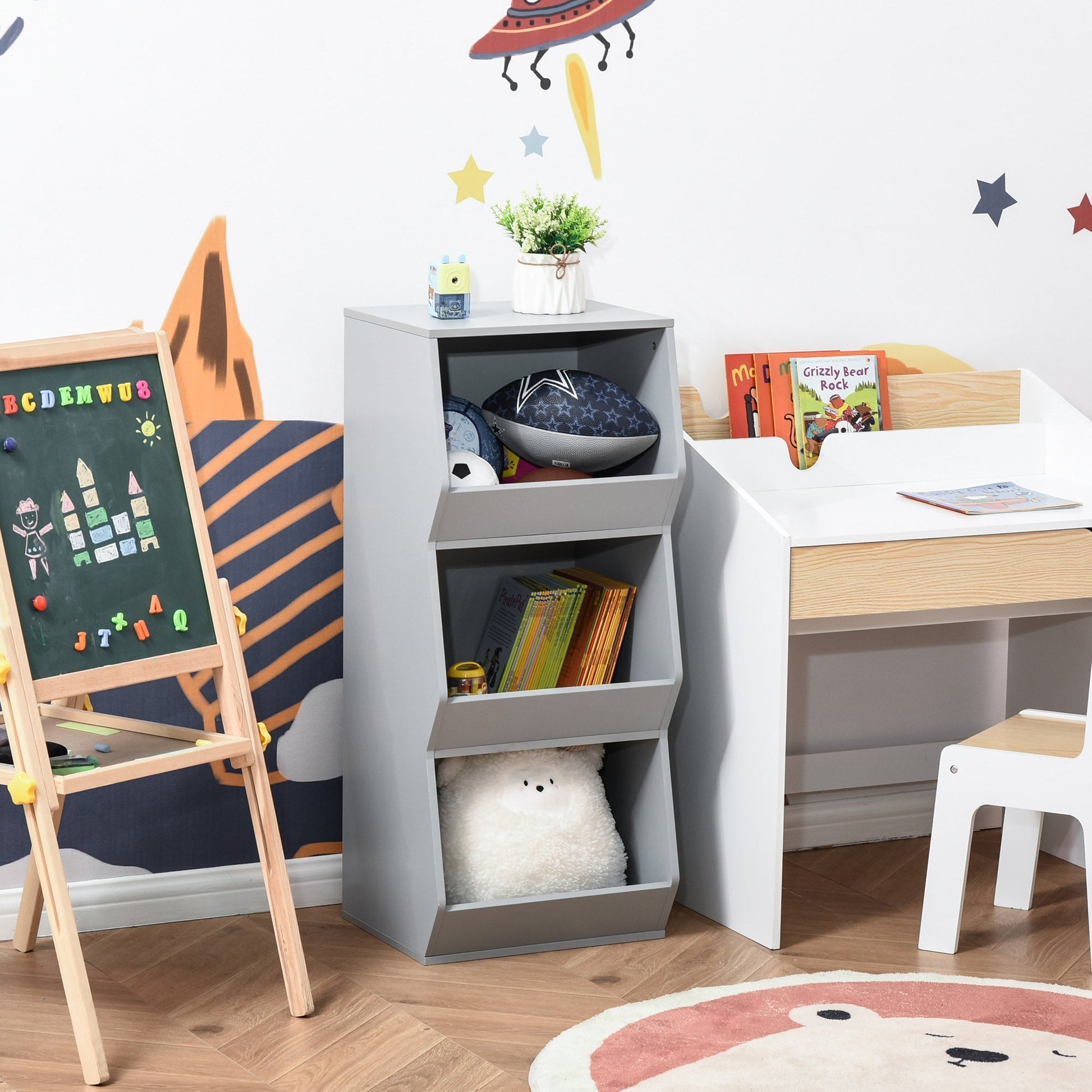 Kids Storage Cabinet 3 Shelves Anti-toppling Toy Storage Organizer Children Bookcase Book Rack for Children's Play Room/Bedroom, Grey Baby & Kids Storage   at Gallery Canada