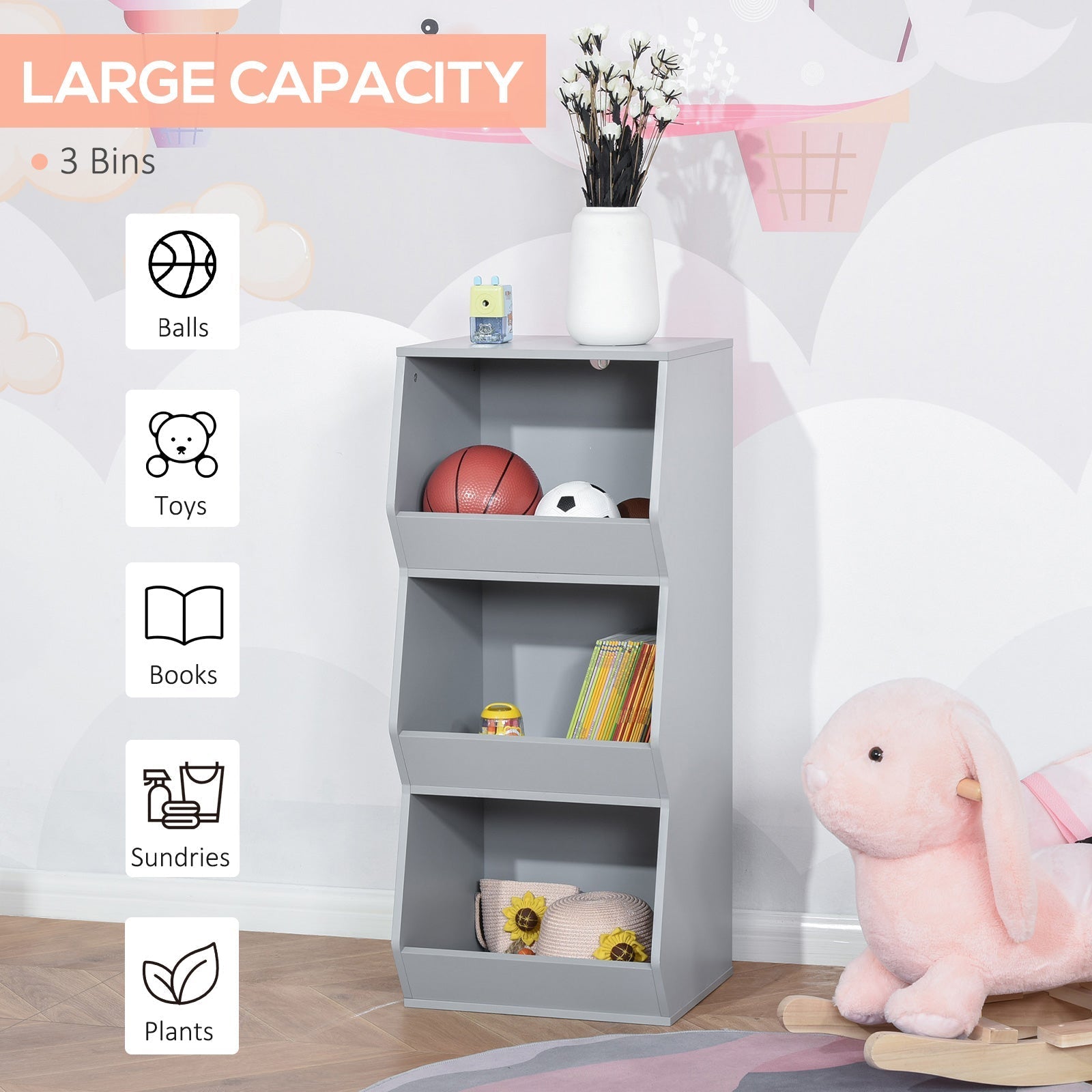 Kids Storage Cabinet 3 Shelves Anti-toppling Toy Storage Organizer Children Bookcase Book Rack for Children's Play Room/Bedroom, Grey Baby & Kids Storage   at Gallery Canada