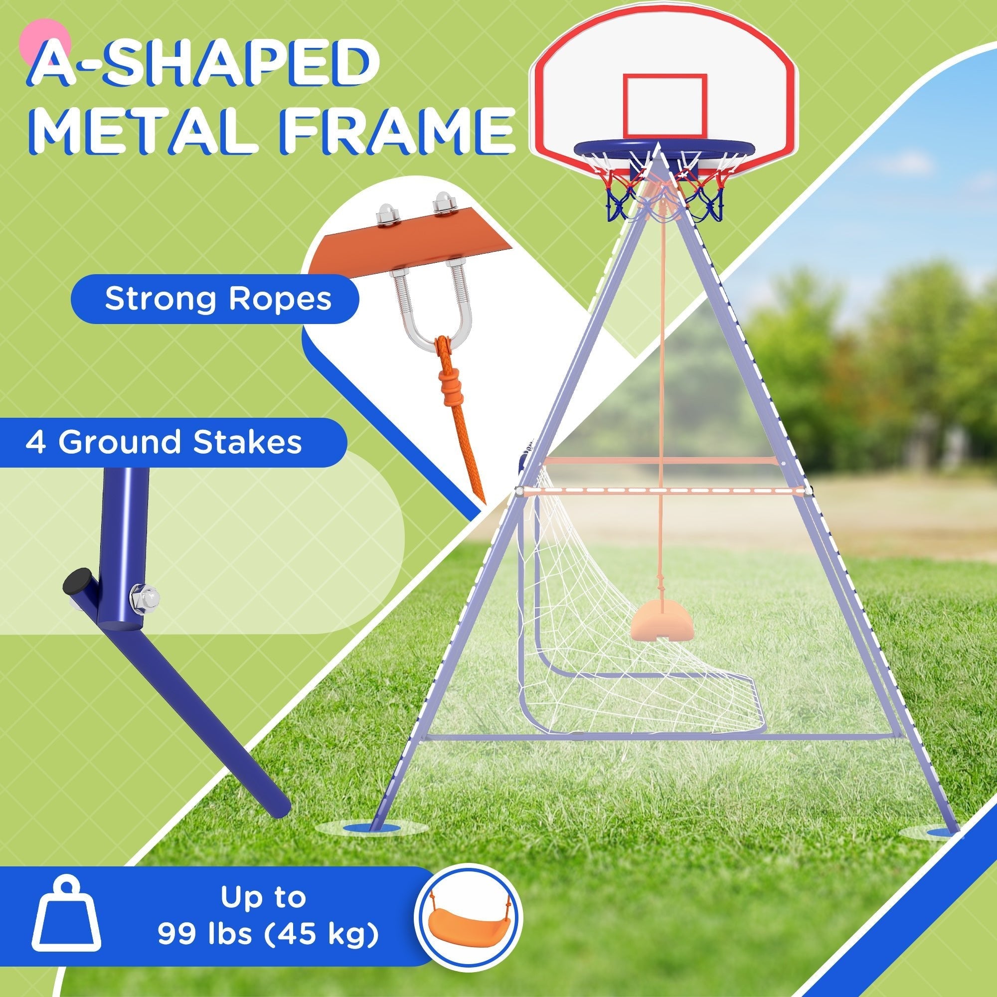 Kids Swing Outdoor with Swing Seat, Basketball Hoop and Football Goal, Ground Stakes for 3-8 Years Old Gym Sets & Swings   at Gallery Canada