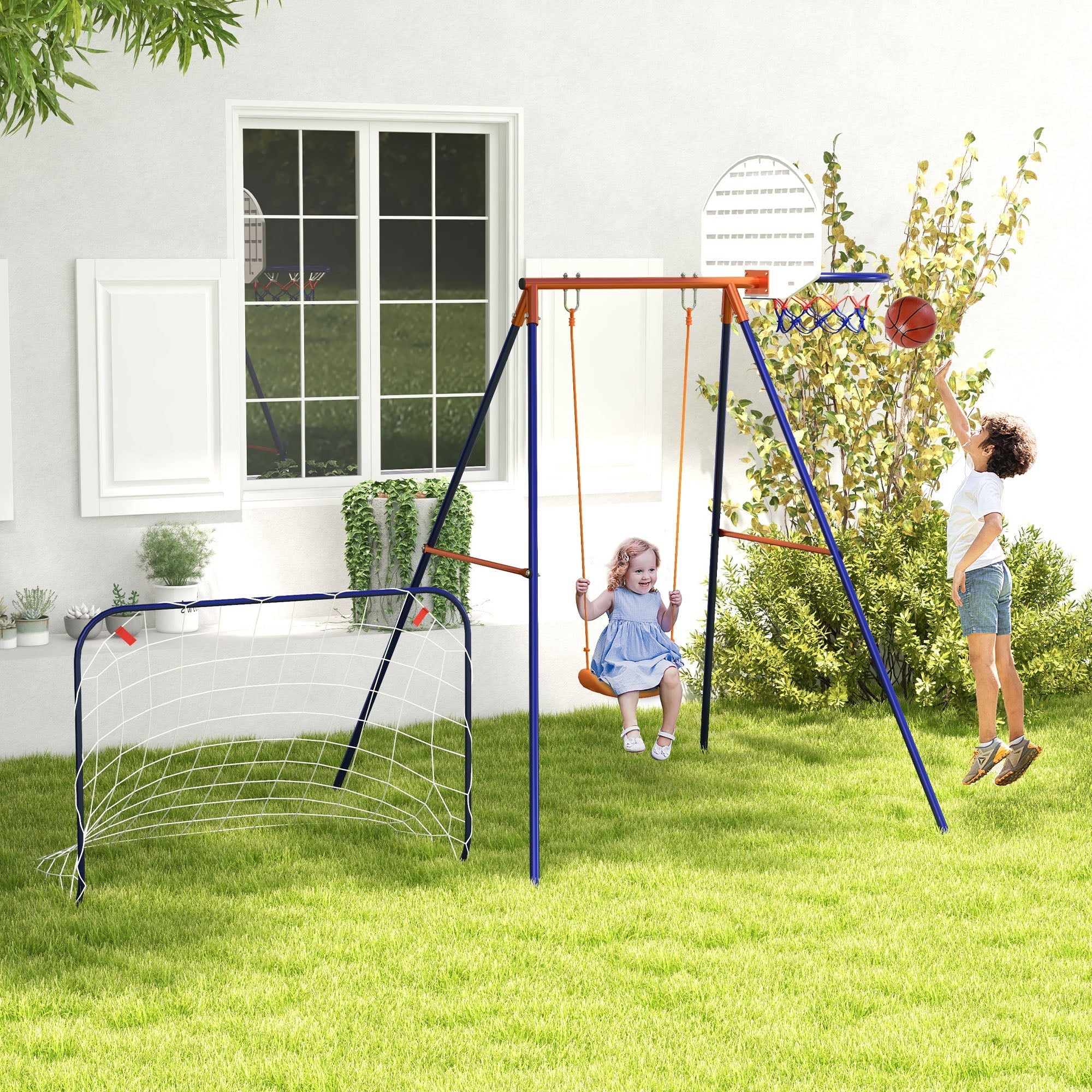 Kids Swing Outdoor with Swing Seat, Basketball Hoop and Football Goal, Ground Stakes for 3-8 Years Old Gym Sets & Swings   at Gallery Canada