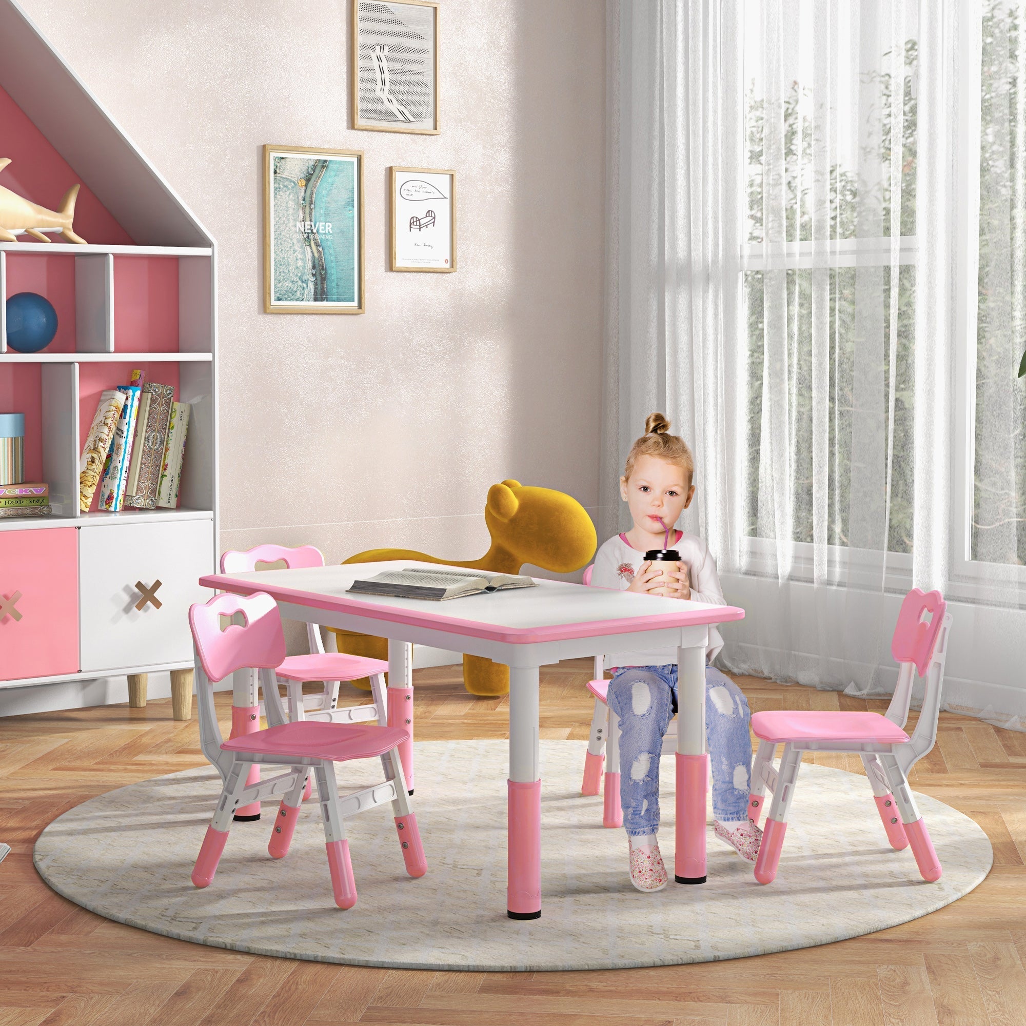 Kids Table and Chair Set with 4 Chairs, Adjustable Height, Easy to Clean, for 1.5 - 5 Years Old, Pink Kids Table Sets   at Gallery Canada