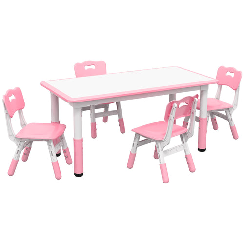 Kids Table and Chair Set with 4 Chairs, Adjustable Height, Easy to Clean, for 1.5 - 5 Years Old, Pink