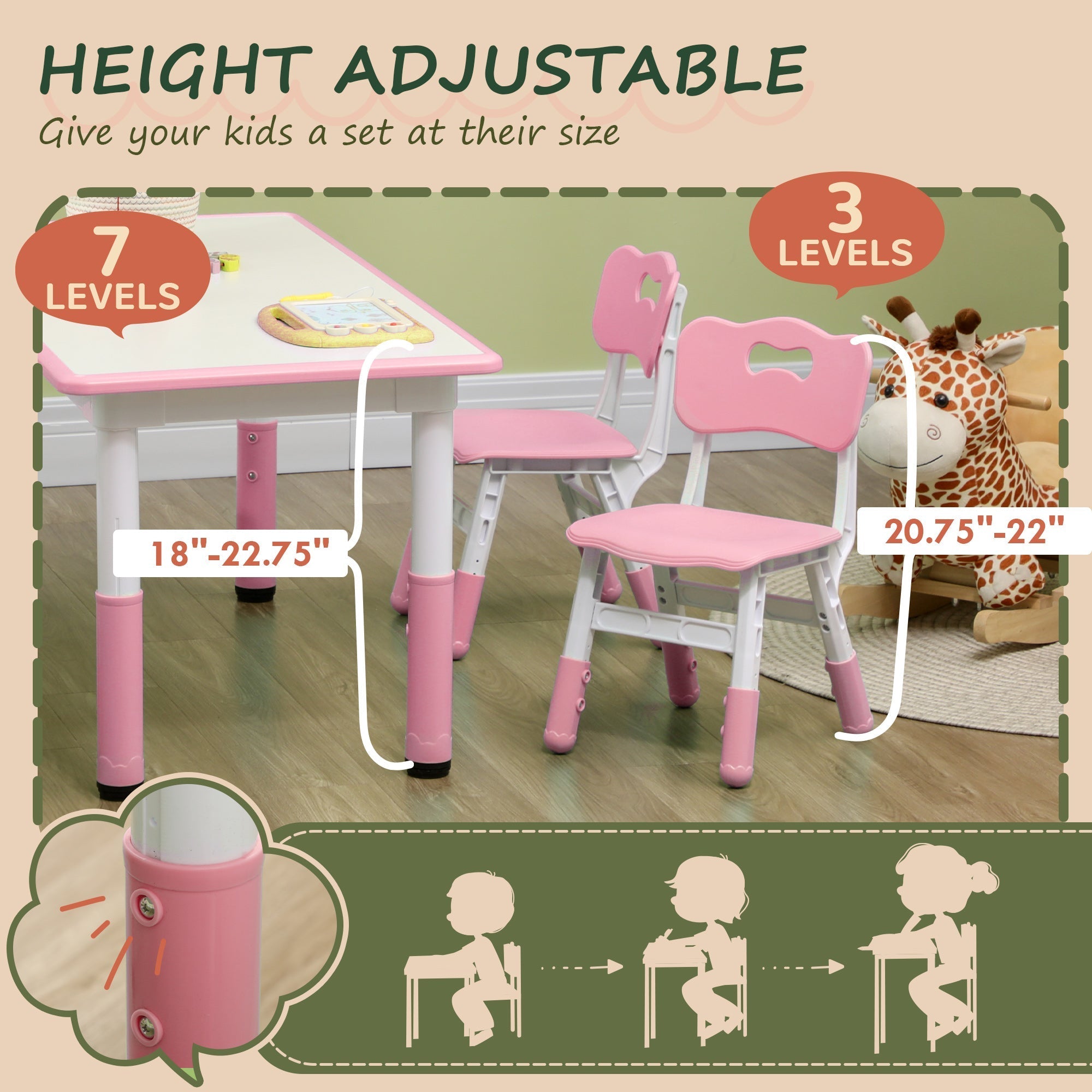 Kids Table and Chair Set with 4 Chairs, Adjustable Height, Easy to Clean, for 1.5 - 5 Years Old, Pink Kids Table Sets   at Gallery Canada