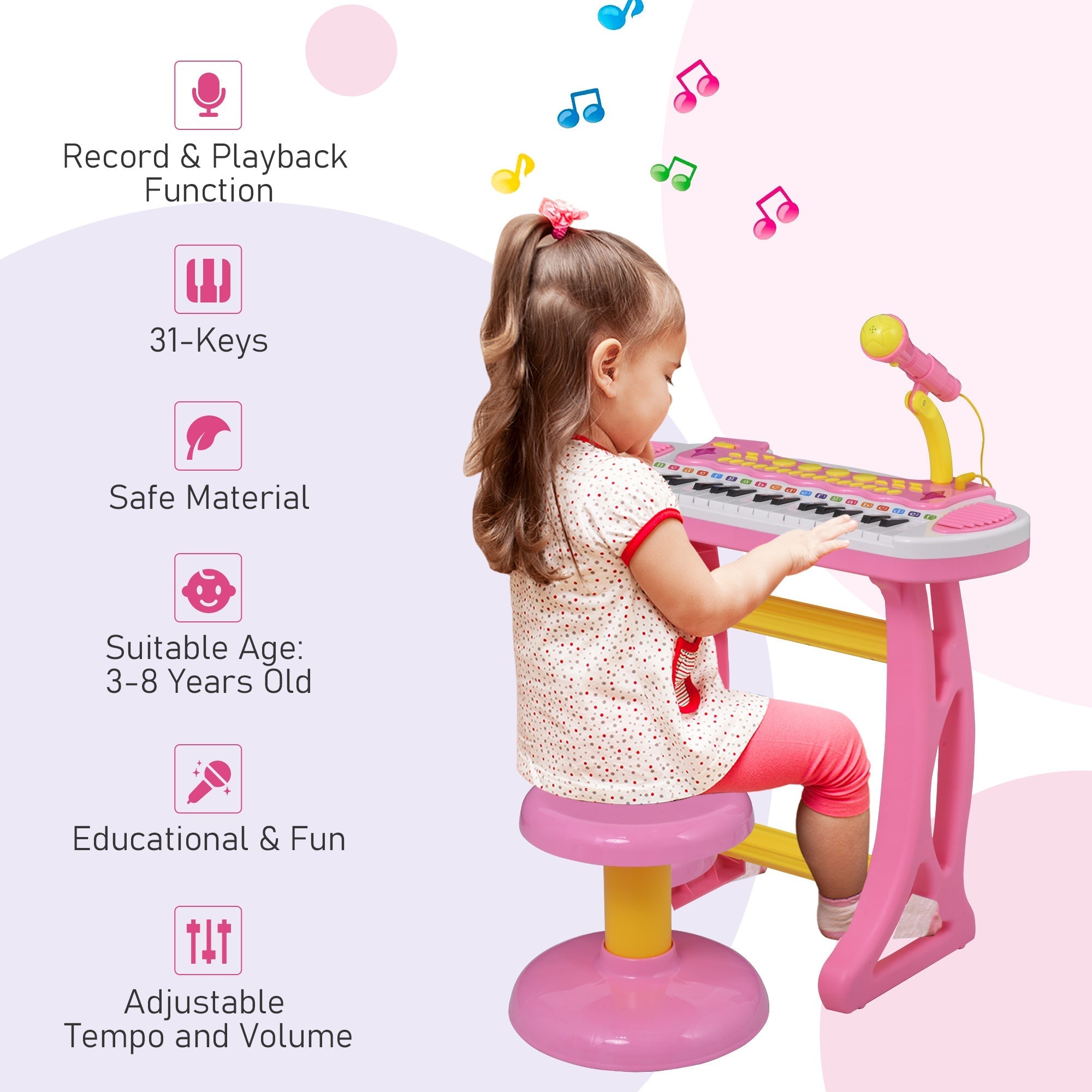 Kids Toddler Toy Piano Keyboard with Included Sitting Stool, Working Microphone, A Fun Bright Flashlight, Pink Electronic Musical Pianos   at Gallery Canada