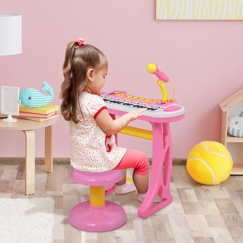 Kids Toddler Toy Piano Keyboard with Included Sitting Stool, Working Microphone, A Fun Bright Flashlight, Pink