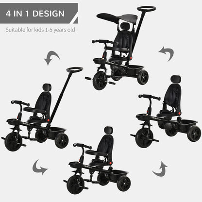 4-in-1 Kids Tricycle with Adjustable Seat, Handle, Canopy, Storage, Black Tricycles for Kids   at Gallery Canada