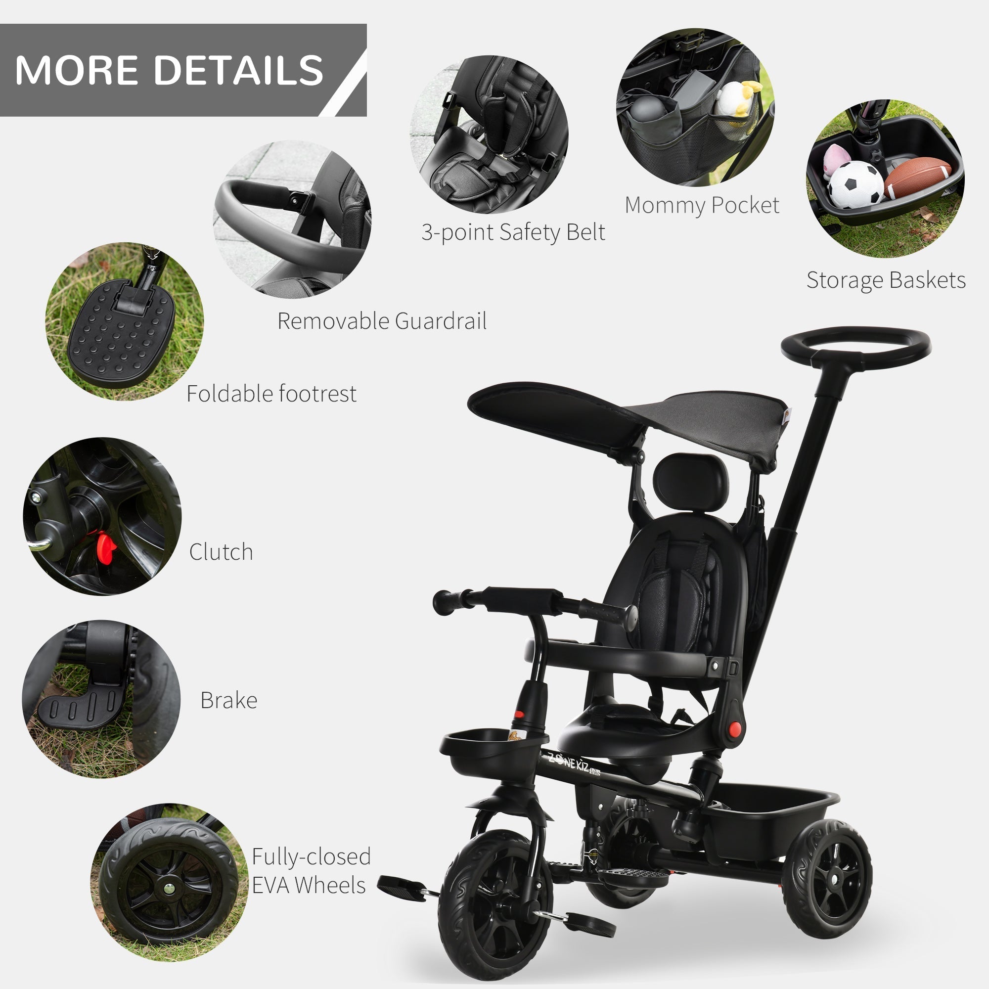 4-in-1 Kids Tricycle with Adjustable Seat, Handle, Canopy, Storage, Black Tricycles for Kids   at Gallery Canada