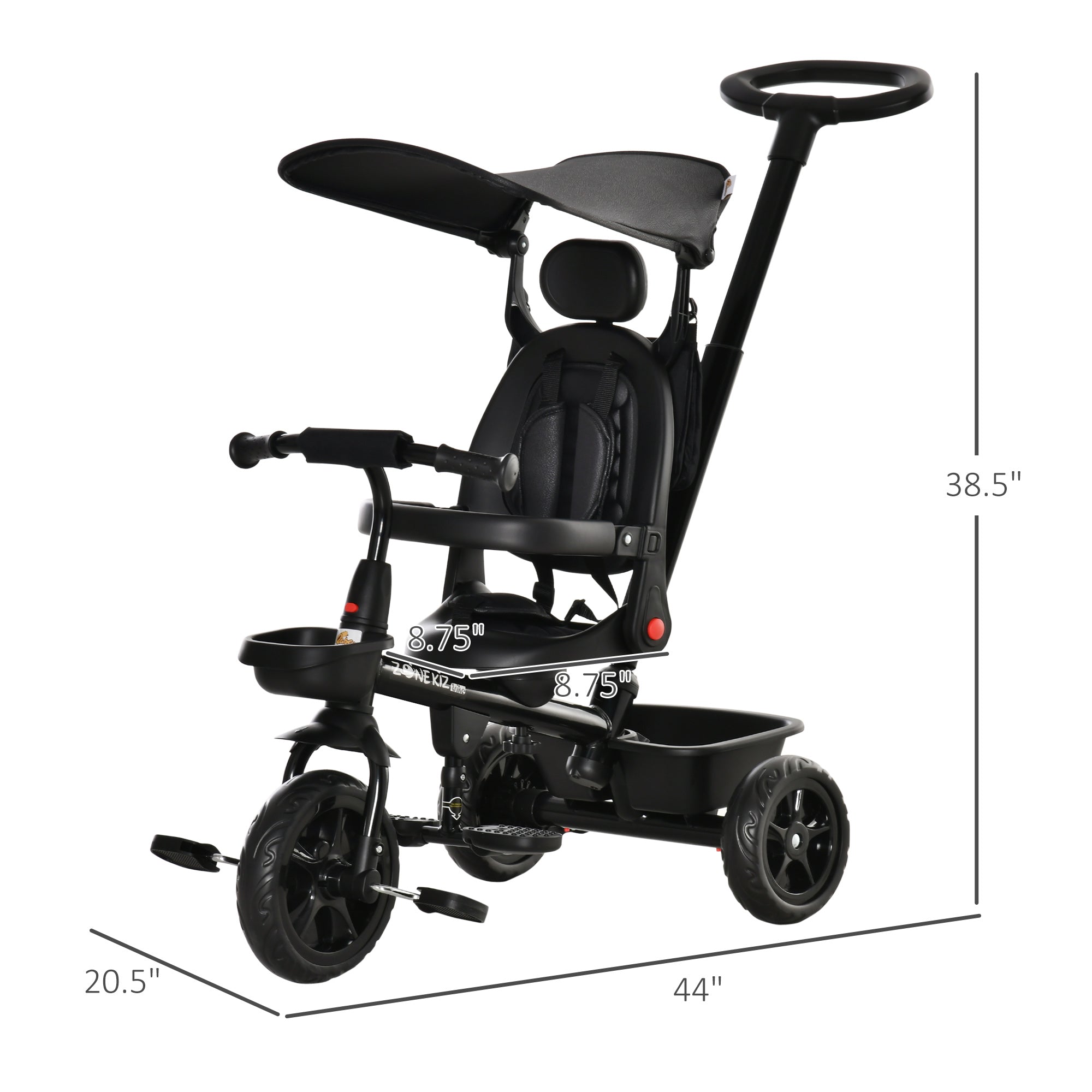 4-in-1 Kids Tricycle with Adjustable Seat, Handle, Canopy, Storage, Black Tricycles for Kids   at Gallery Canada