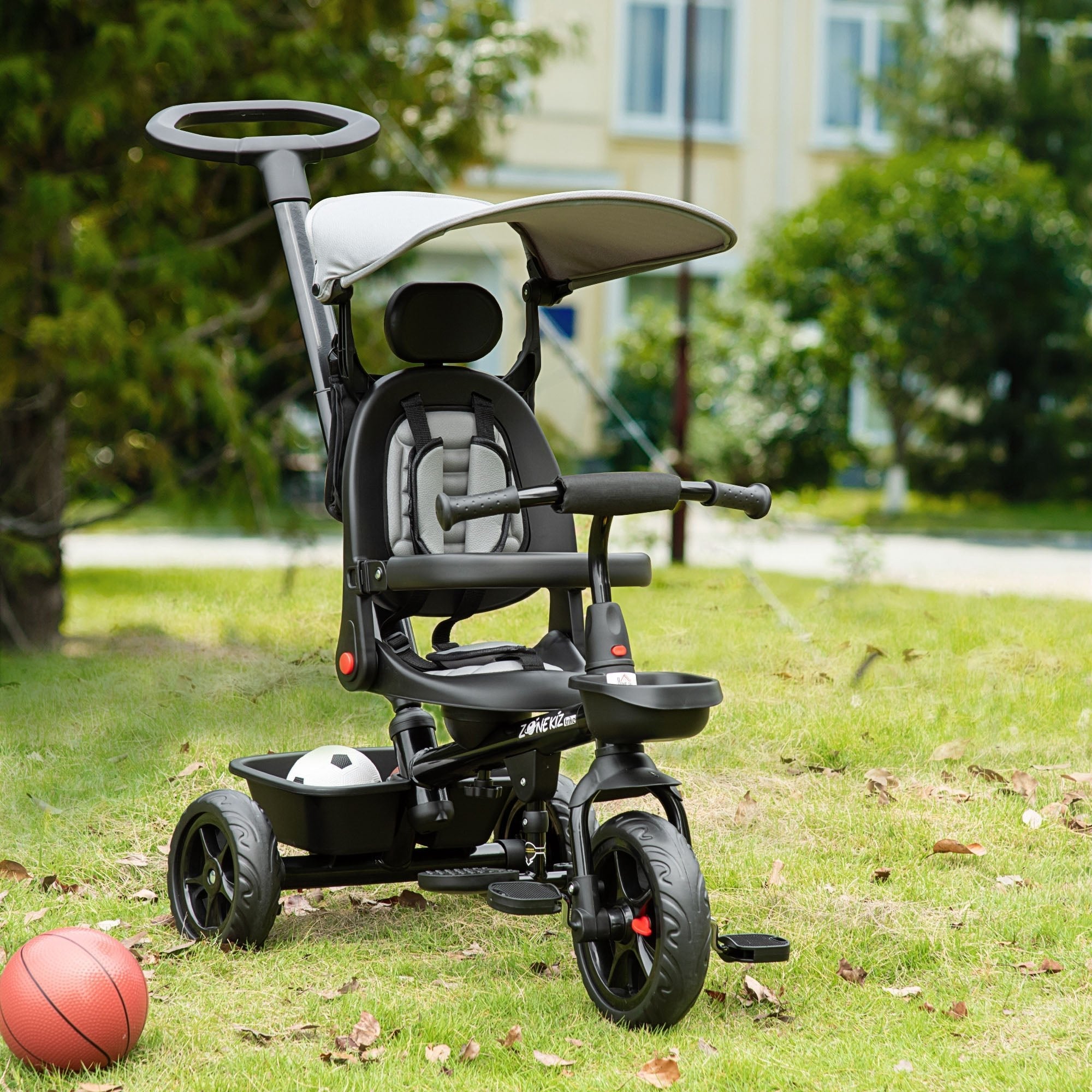 4-in-1 Kids Tricycle with Adjustable Seat, Handle, Canopy, Storage, Grey Tricycles for Kids   at Gallery Canada