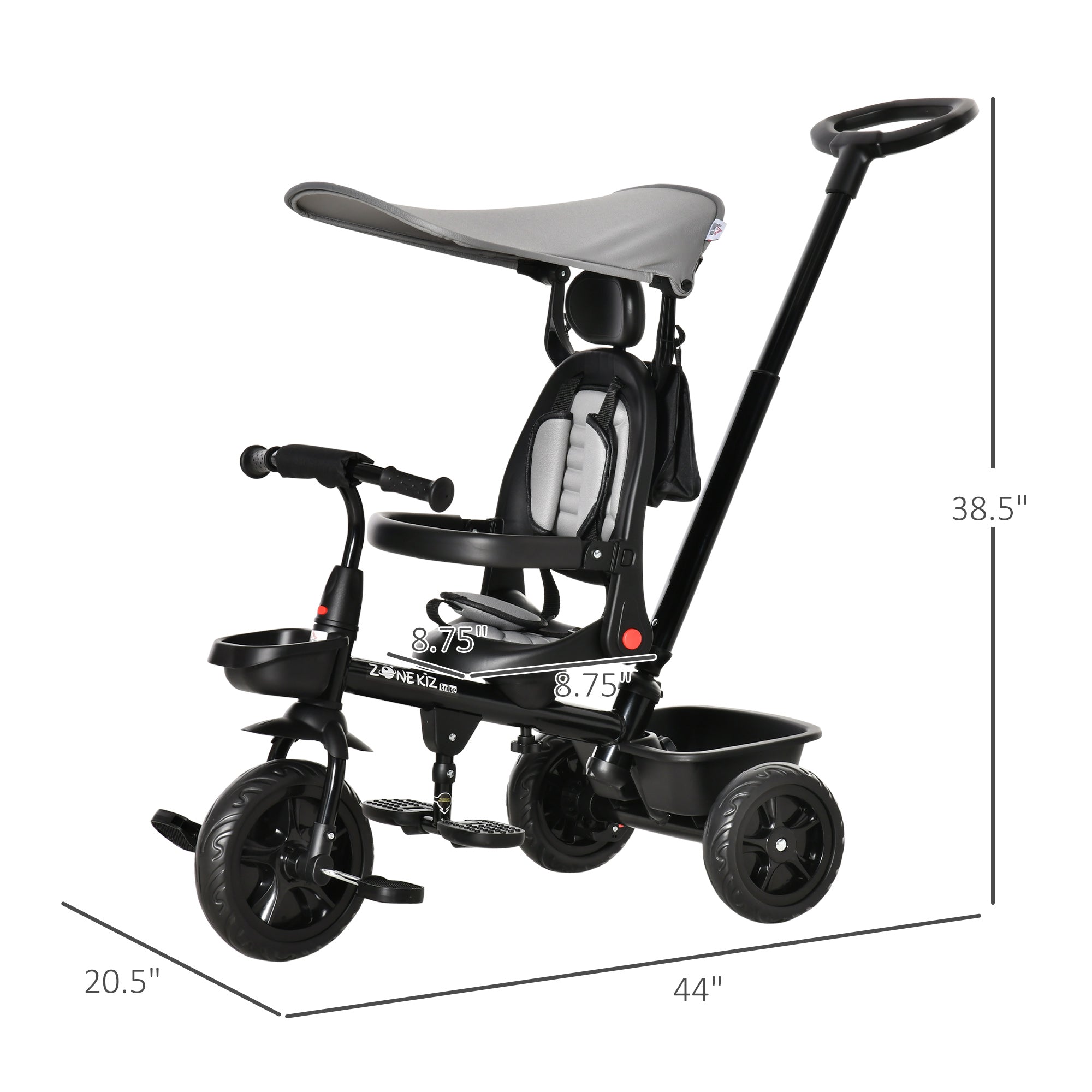 4-in-1 Kids Tricycle with Adjustable Seat, Handle, Canopy, Storage, Grey Tricycles for Kids   at Gallery Canada