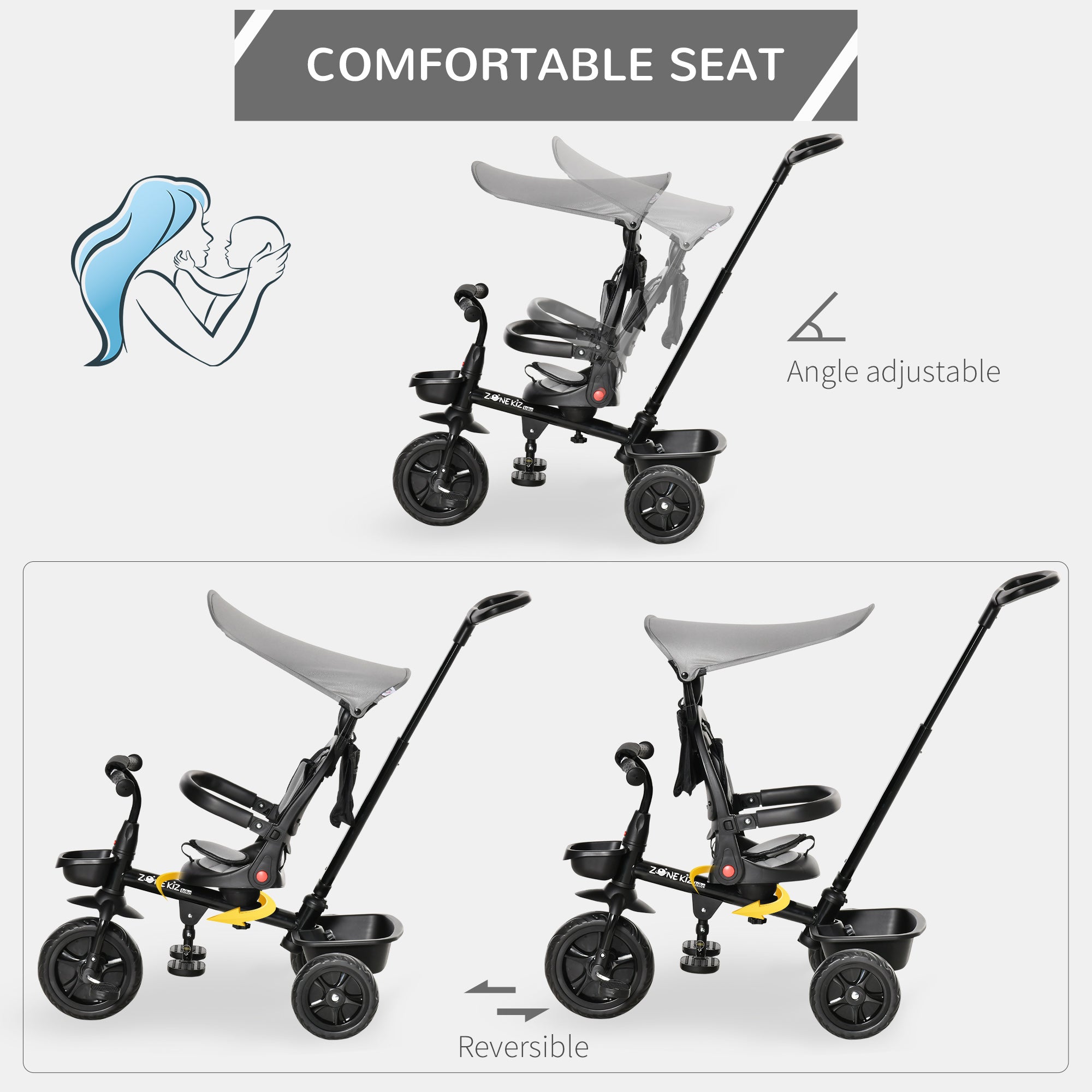 4-in-1 Kids Tricycle with Adjustable Seat, Handle, Canopy, Storage, Grey Tricycles for Kids   at Gallery Canada